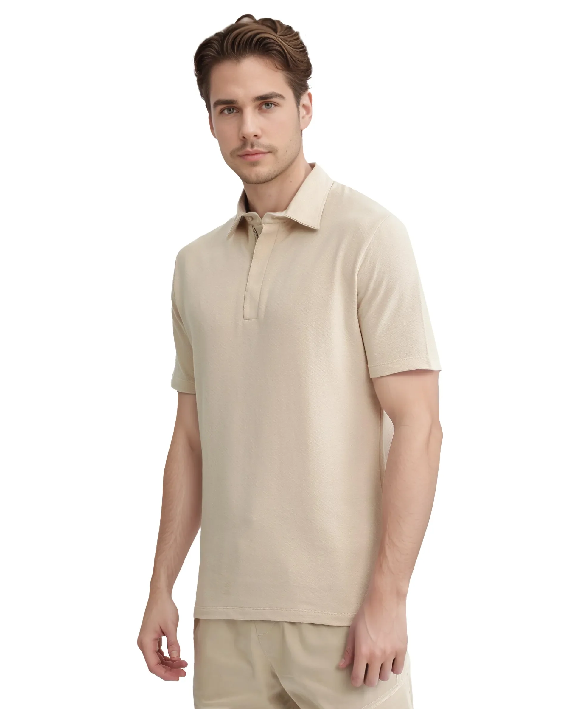 Rare Rabbit Men's Cabe-1 Light Beige Cotton Jacquard Regular Fit Half Sleeve Polo - Image 5