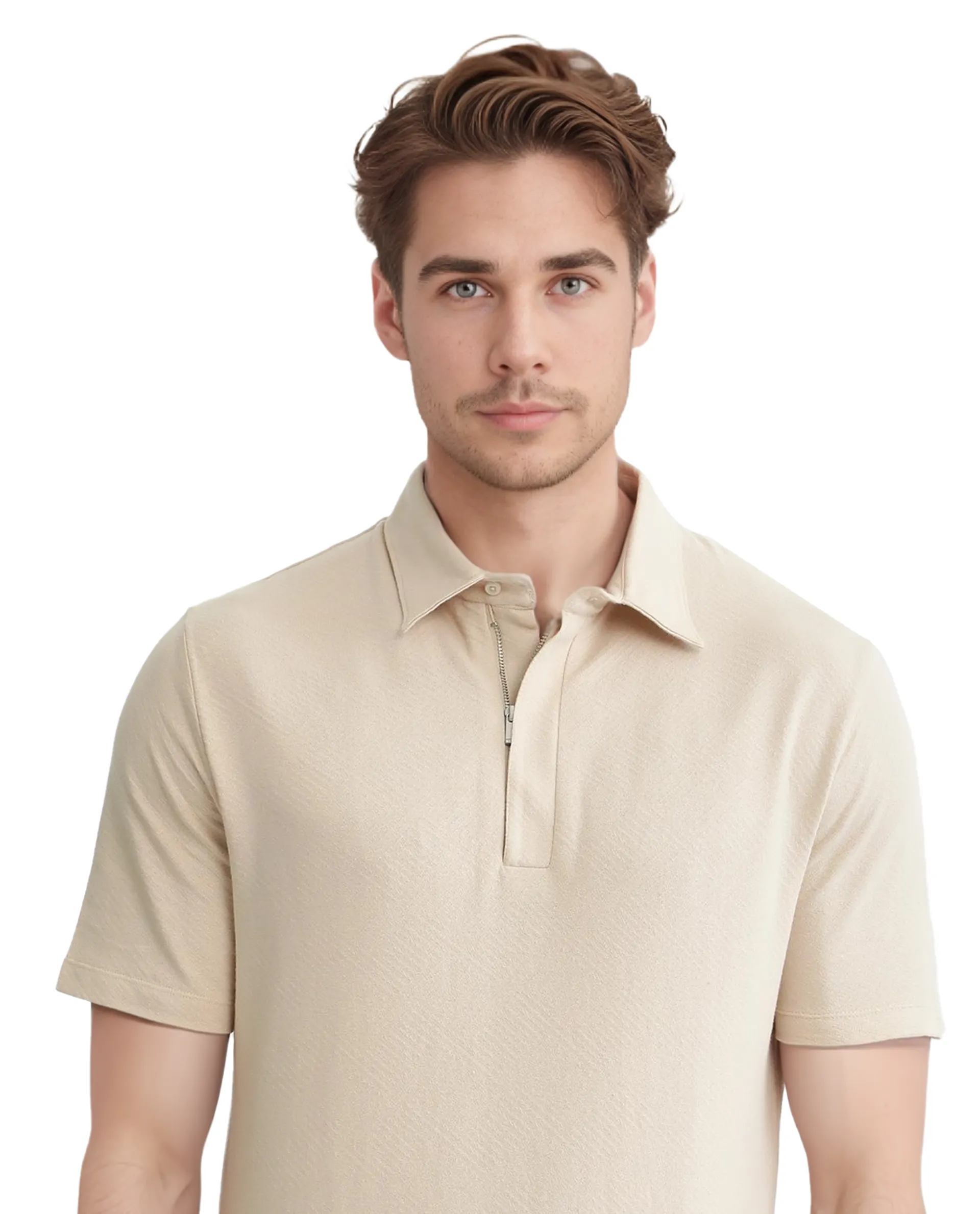 Rare Rabbit Men's Cabe-1 Light Beige Cotton Jacquard Regular Fit Half Sleeve Polo - Image 7