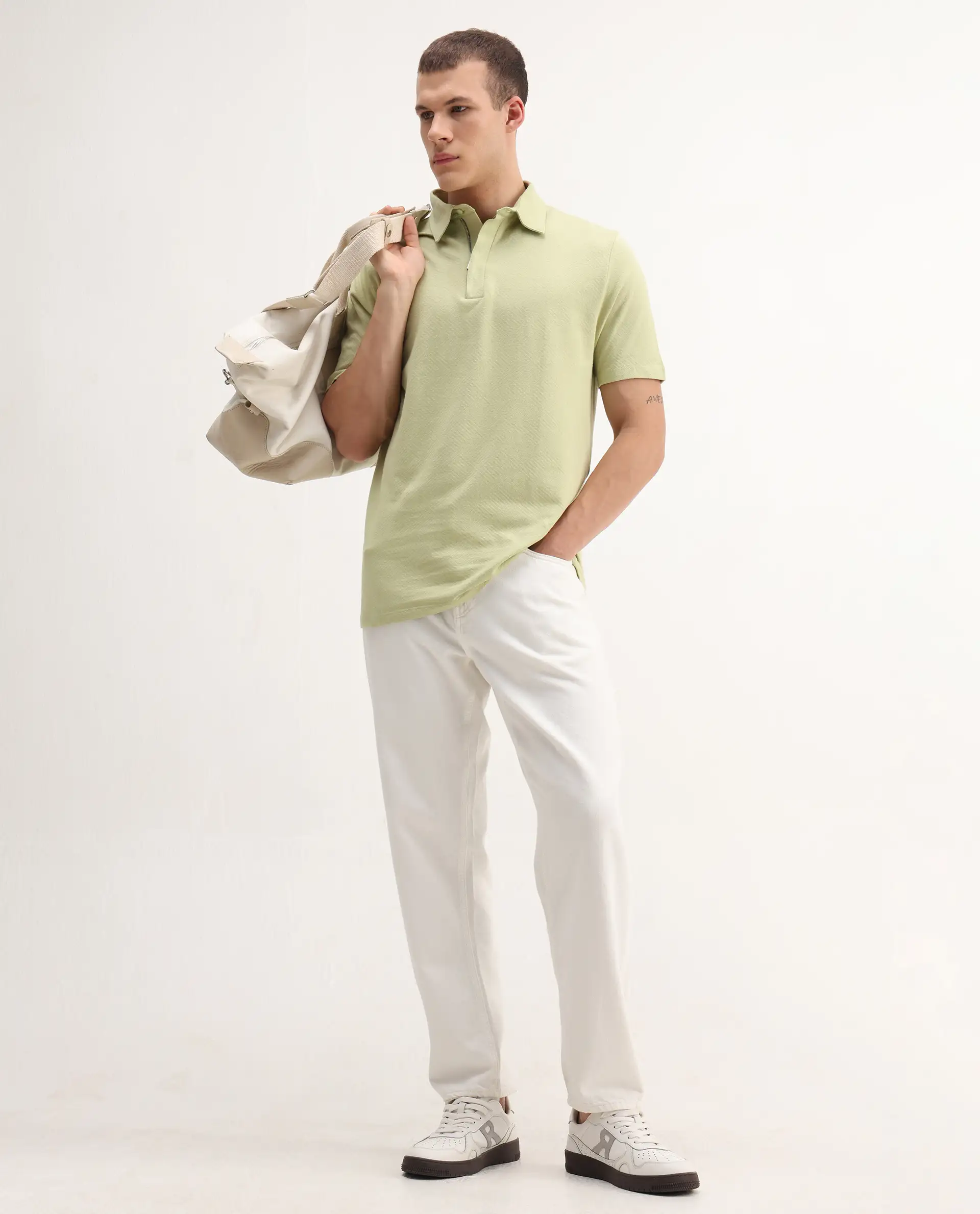Rare Rabbit Men's Caben Light Green Cotton Jacquard Regular Fit Half Sleeve Polo - Image 2