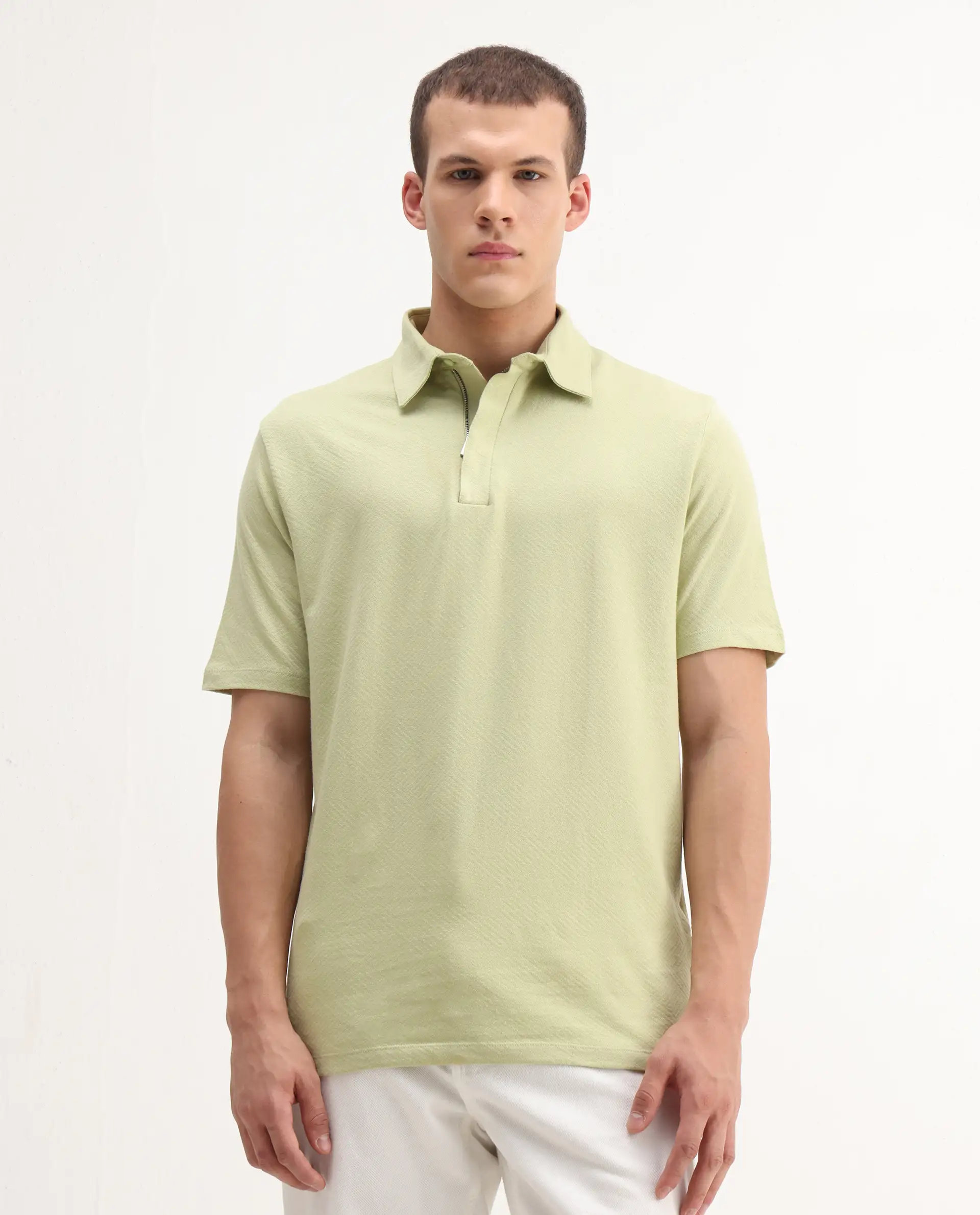 Rare Rabbit Men's Caben Light Green Cotton Jacquard Regular Fit Half Sleeve Polo - Image 3