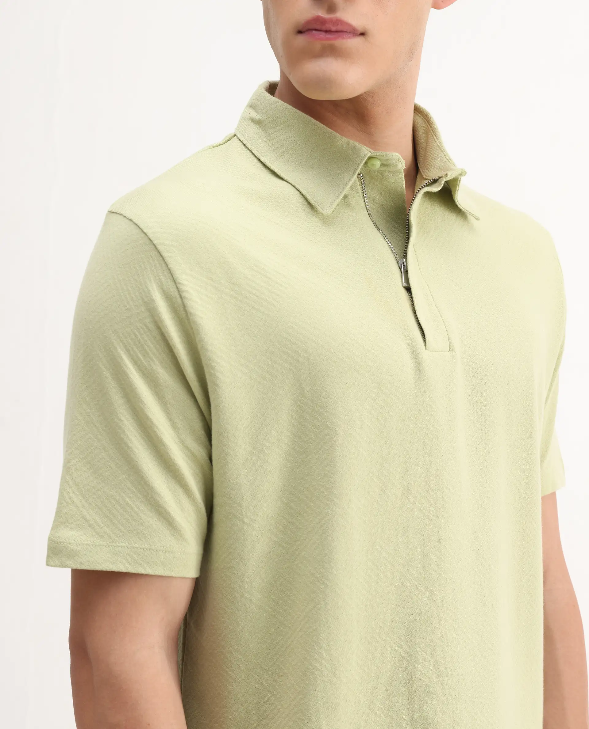 Rare Rabbit Men's Caben Light Green Cotton Jacquard Regular Fit Half Sleeve Polo - Image 4