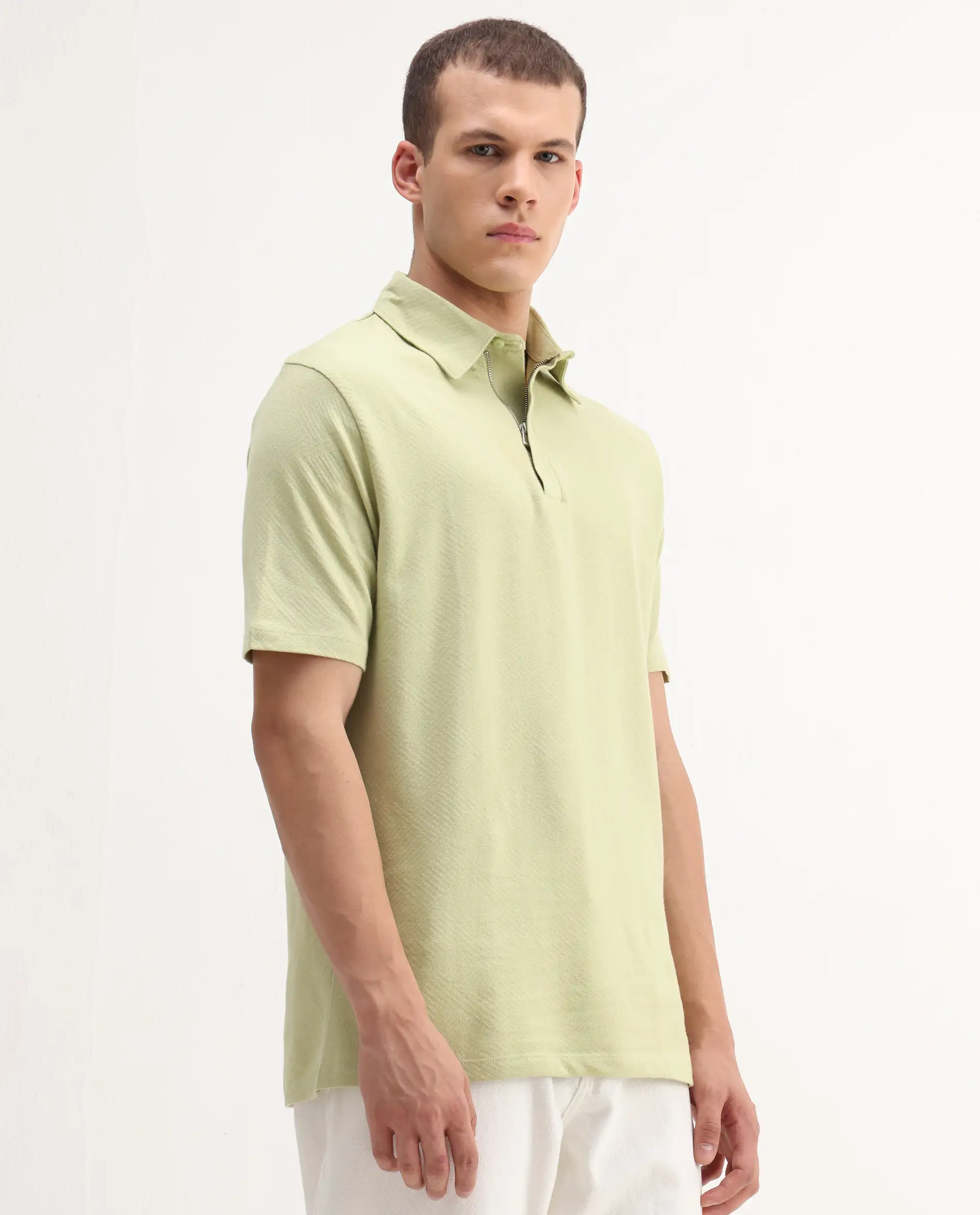 Rare Rabbit Men's Caben Light Green Cotton Jacquard Regular Fit Half Sleeve Polo - Image 7