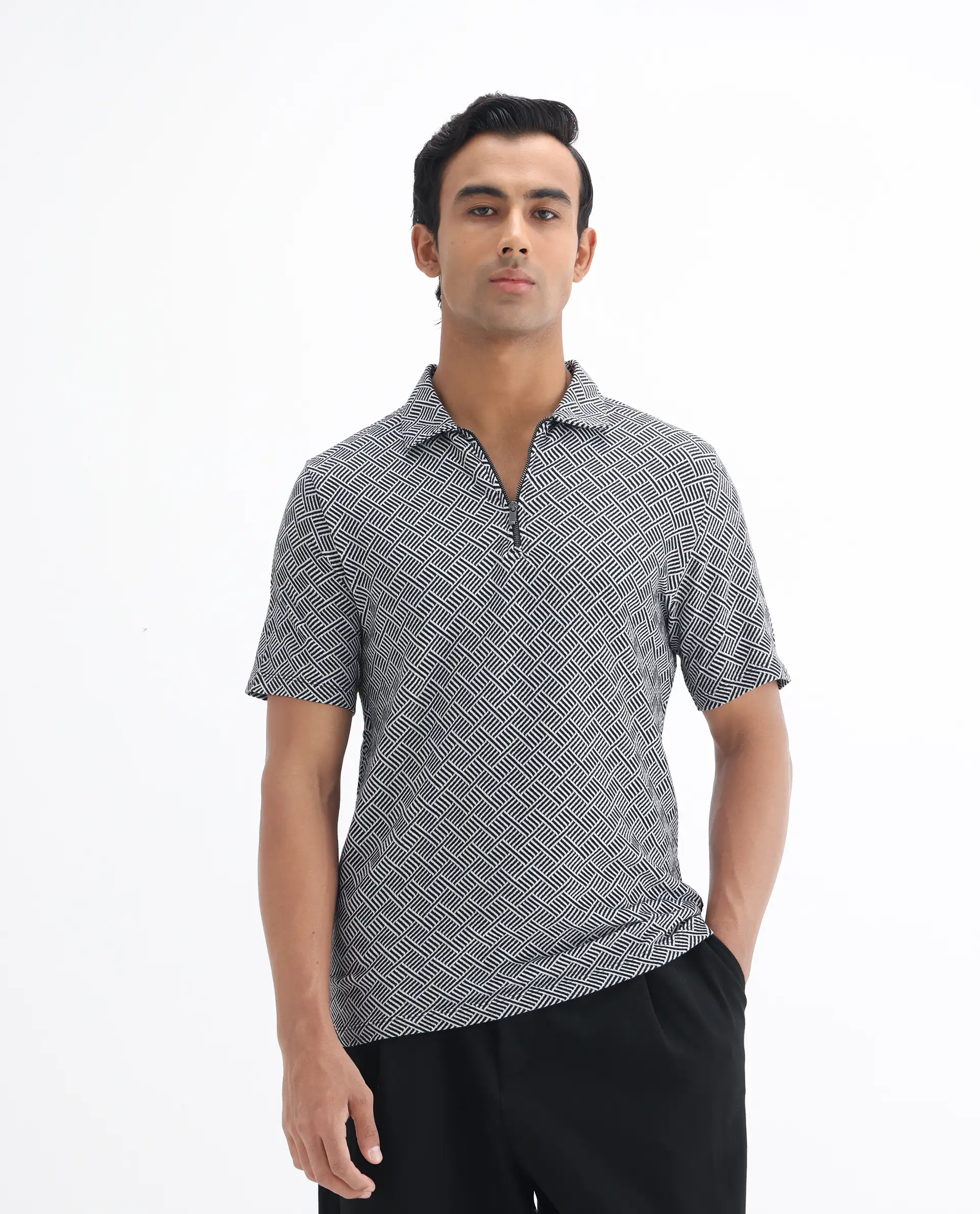 Rare Rabbit Men's Cabetta Black Cotton Jacquard Regular Fit Half Sleeve Polo - Image 4