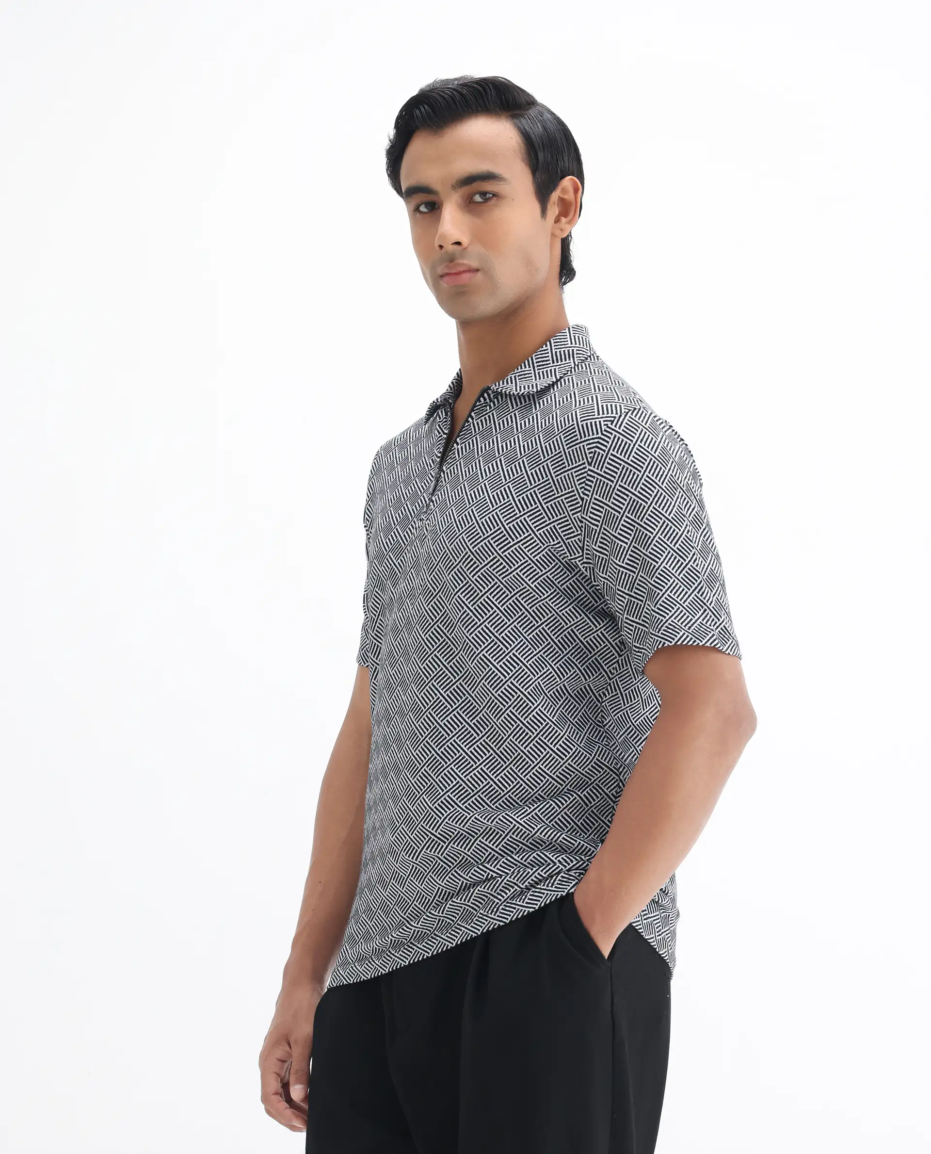 Rare Rabbit Men's Cabetta Black Cotton Jacquard Regular Fit Half Sleeve Polo - Image 5
