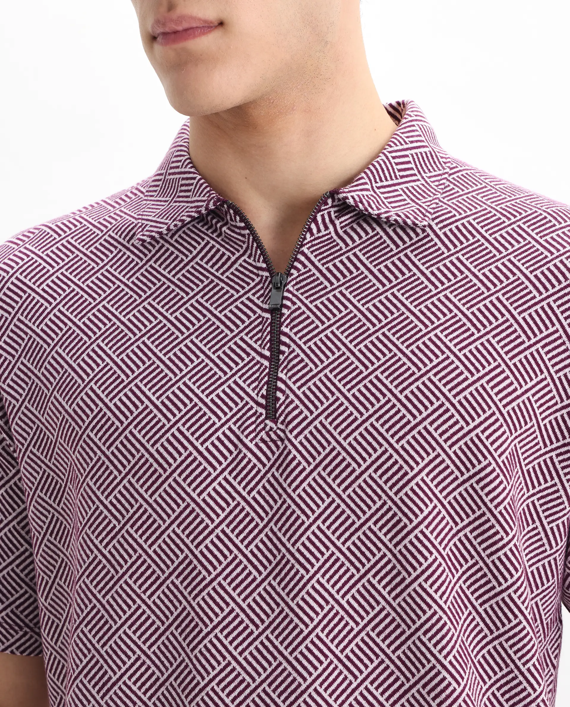 Rare Rabbit Men's Cabetta Dark Purple Cotton Jacquard Regular Fit Half Sleeve Polo - Image 3
