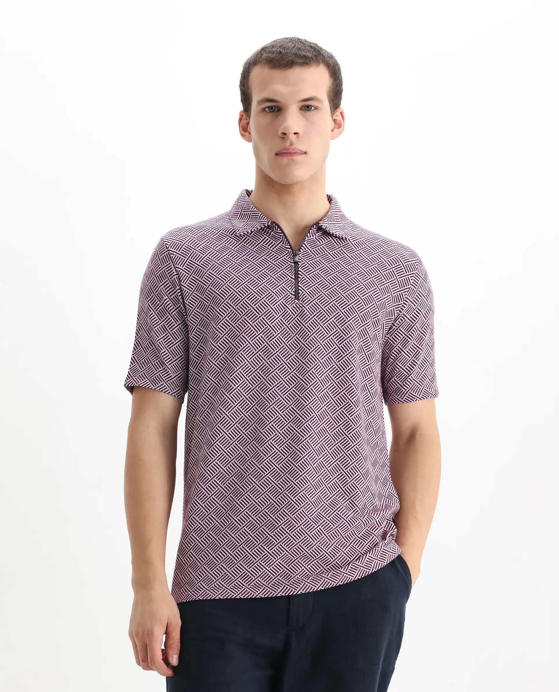 Rare Rabbit Men's Cabetta Dark Purple Cotton Jacquard Regular Fit Half Sleeve Polo - Image 4
