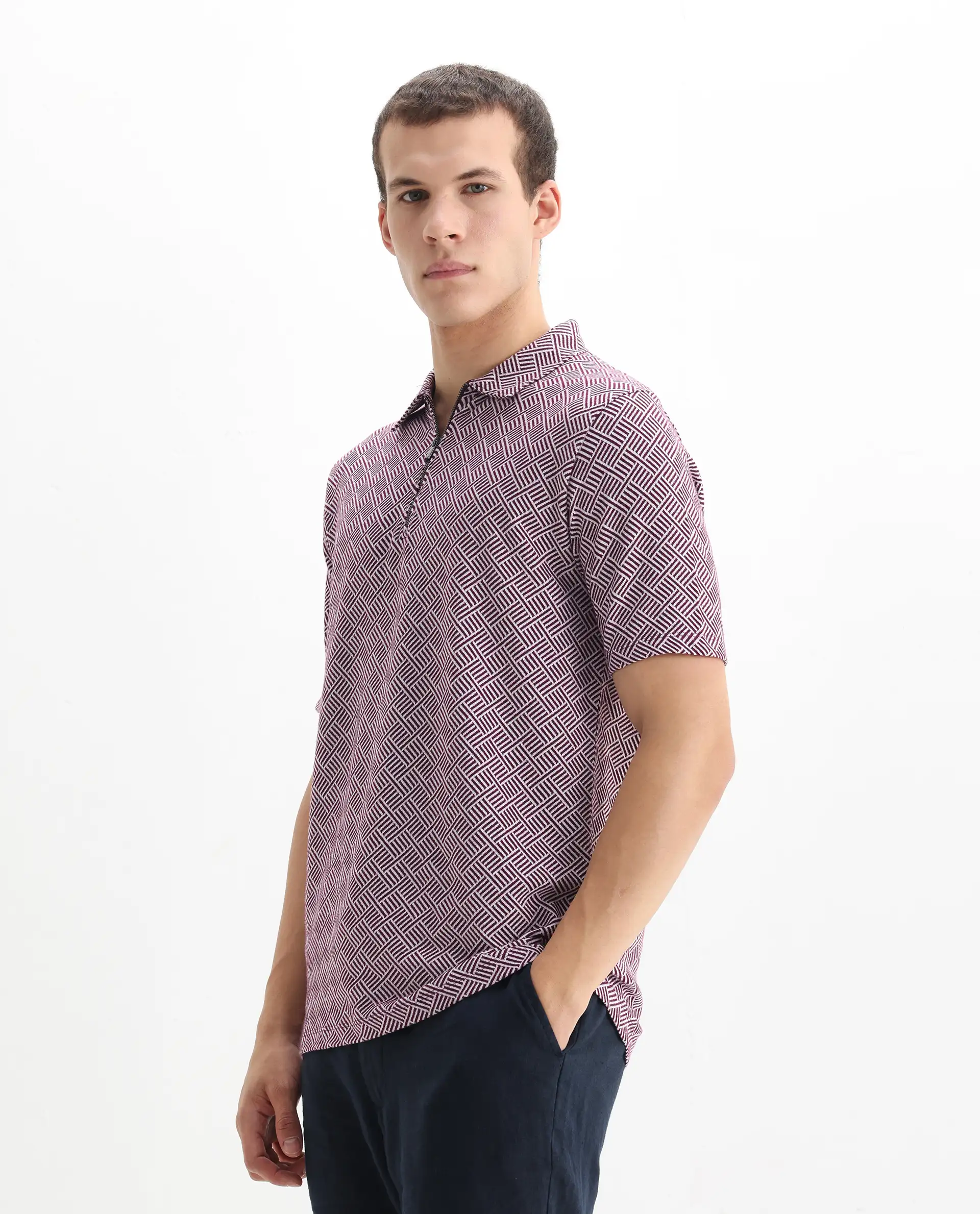 Rare Rabbit Men's Cabetta Dark Purple Cotton Jacquard Regular Fit Half Sleeve Polo - Image 5