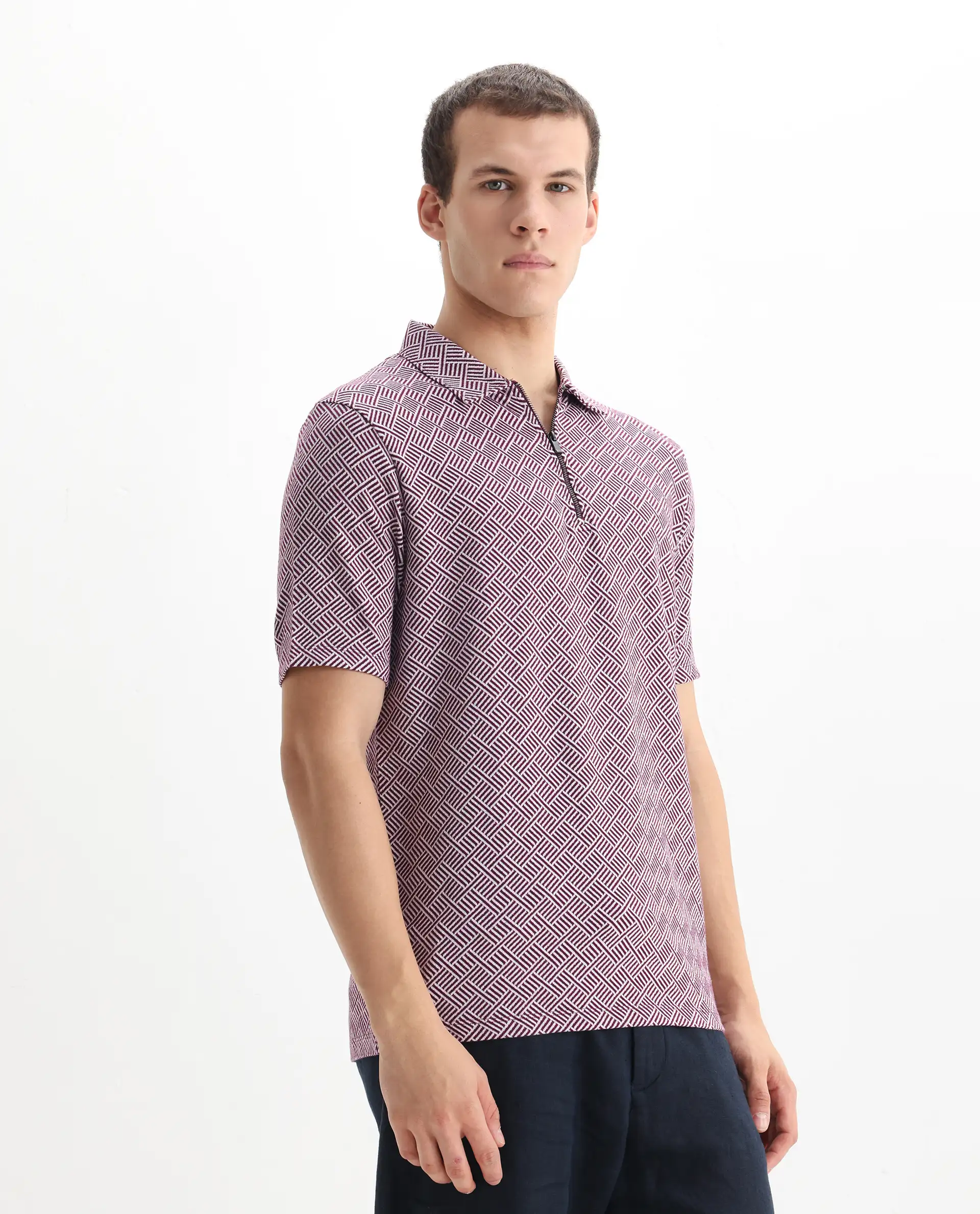 Rare Rabbit Men's Cabetta Dark Purple Cotton Jacquard Regular Fit Half Sleeve Polo - Image 6