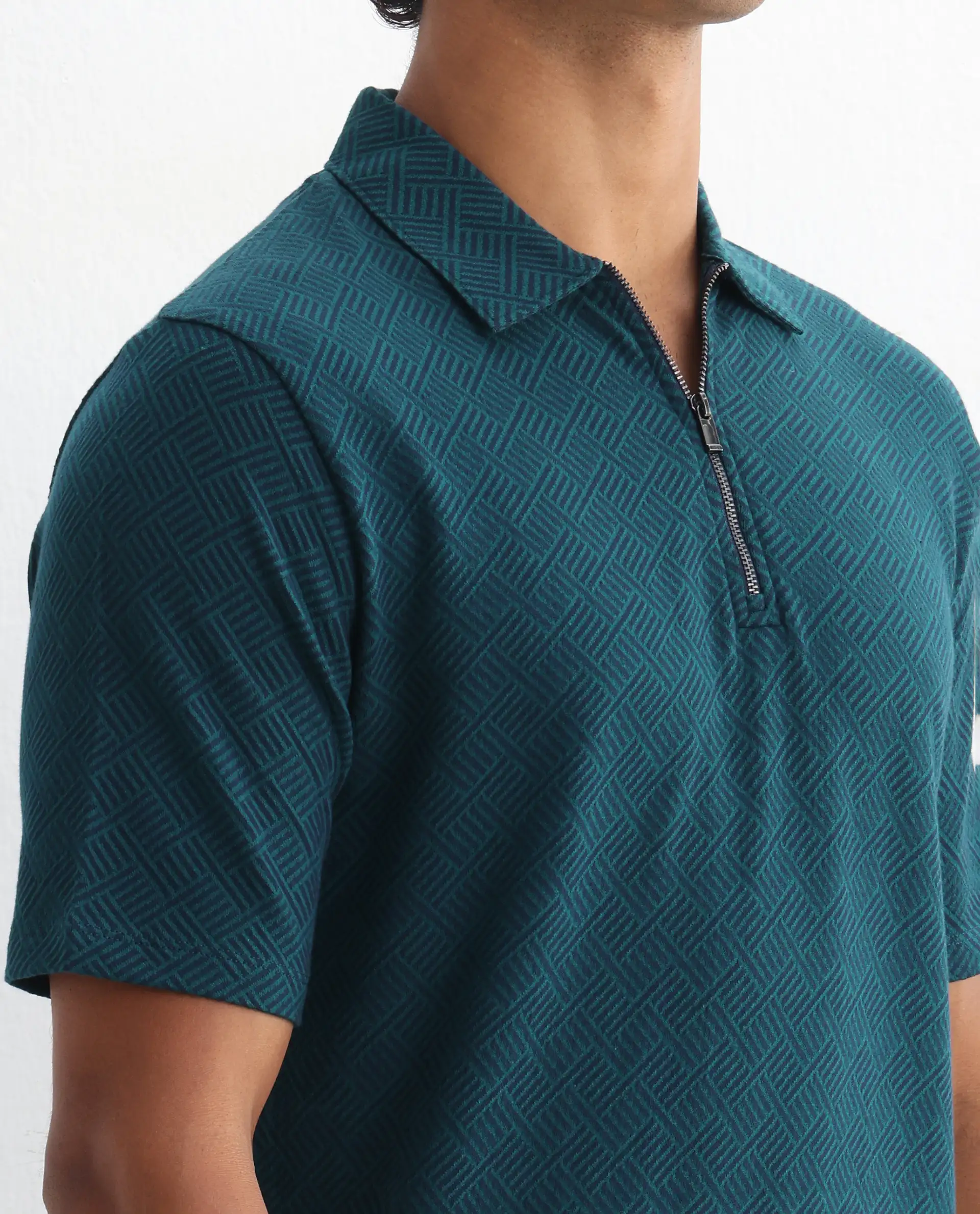 Rare Rabbit Men's Cabetta Navy Cotton Jacquard Regular Fit Half Sleeve Polo - Image 3