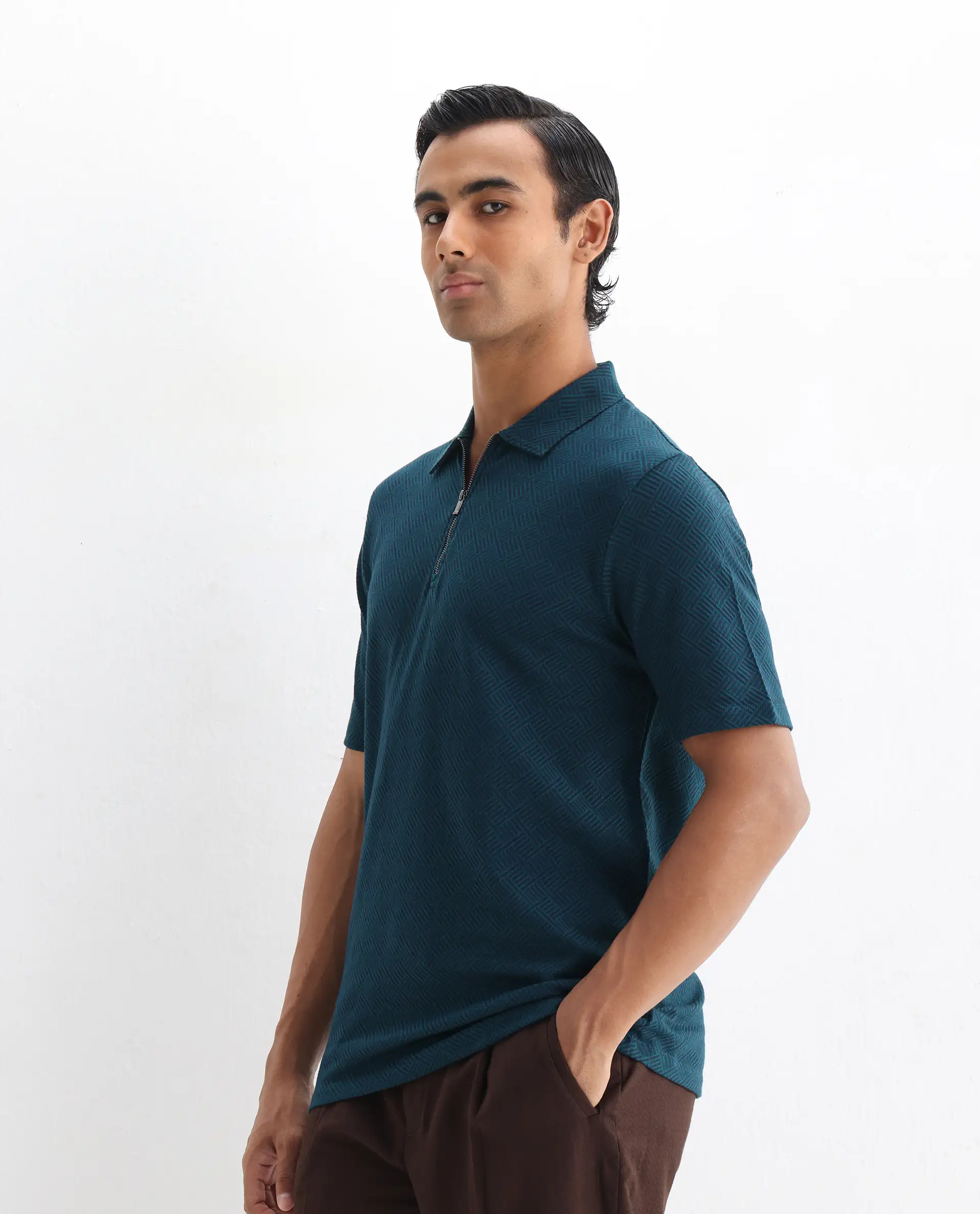 Rare Rabbit Men's Cabetta Navy Cotton Jacquard Regular Fit Half Sleeve Polo - Image 4
