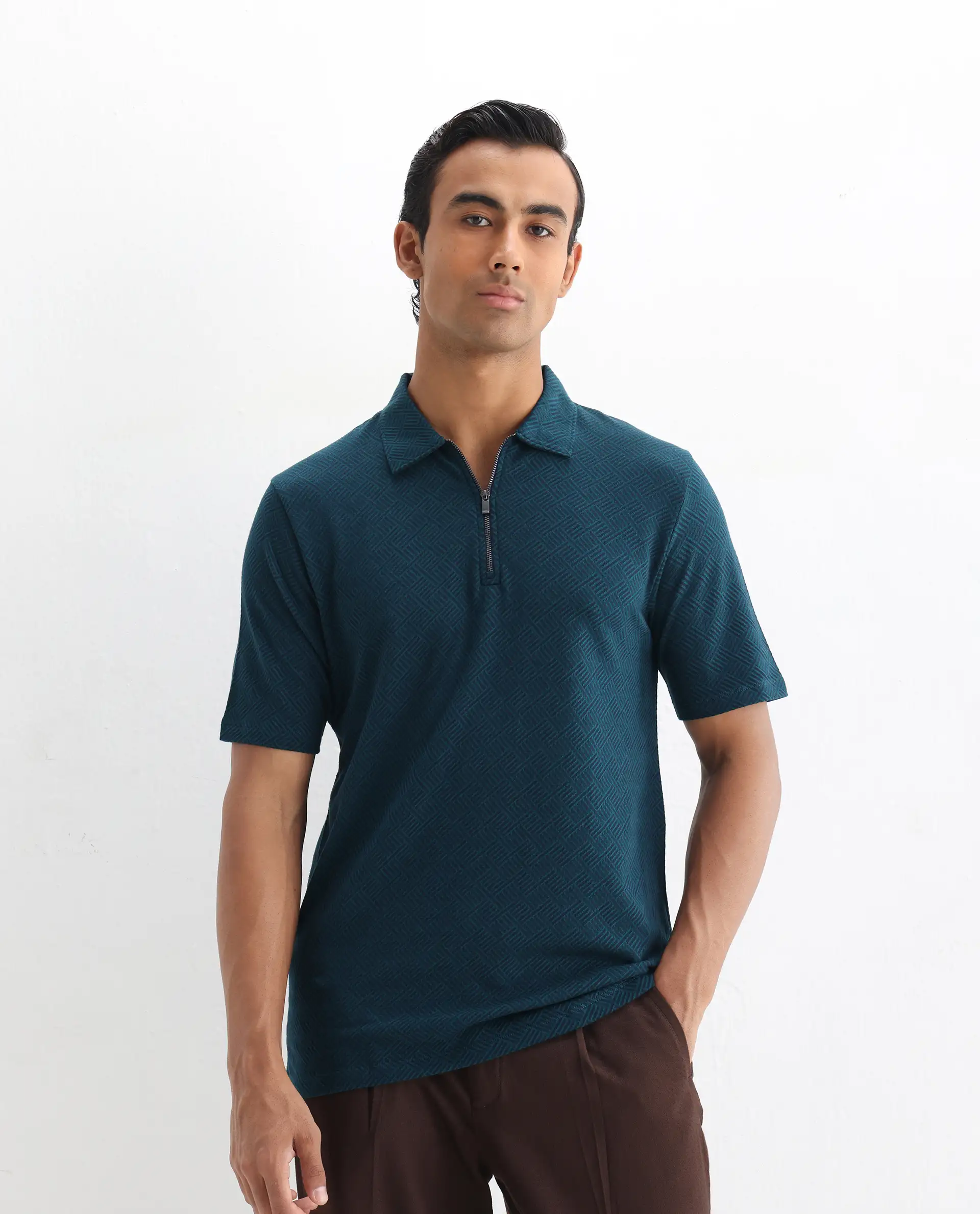 Rare Rabbit Men's Cabetta Navy Cotton Jacquard Regular Fit Half Sleeve Polo - Image 6