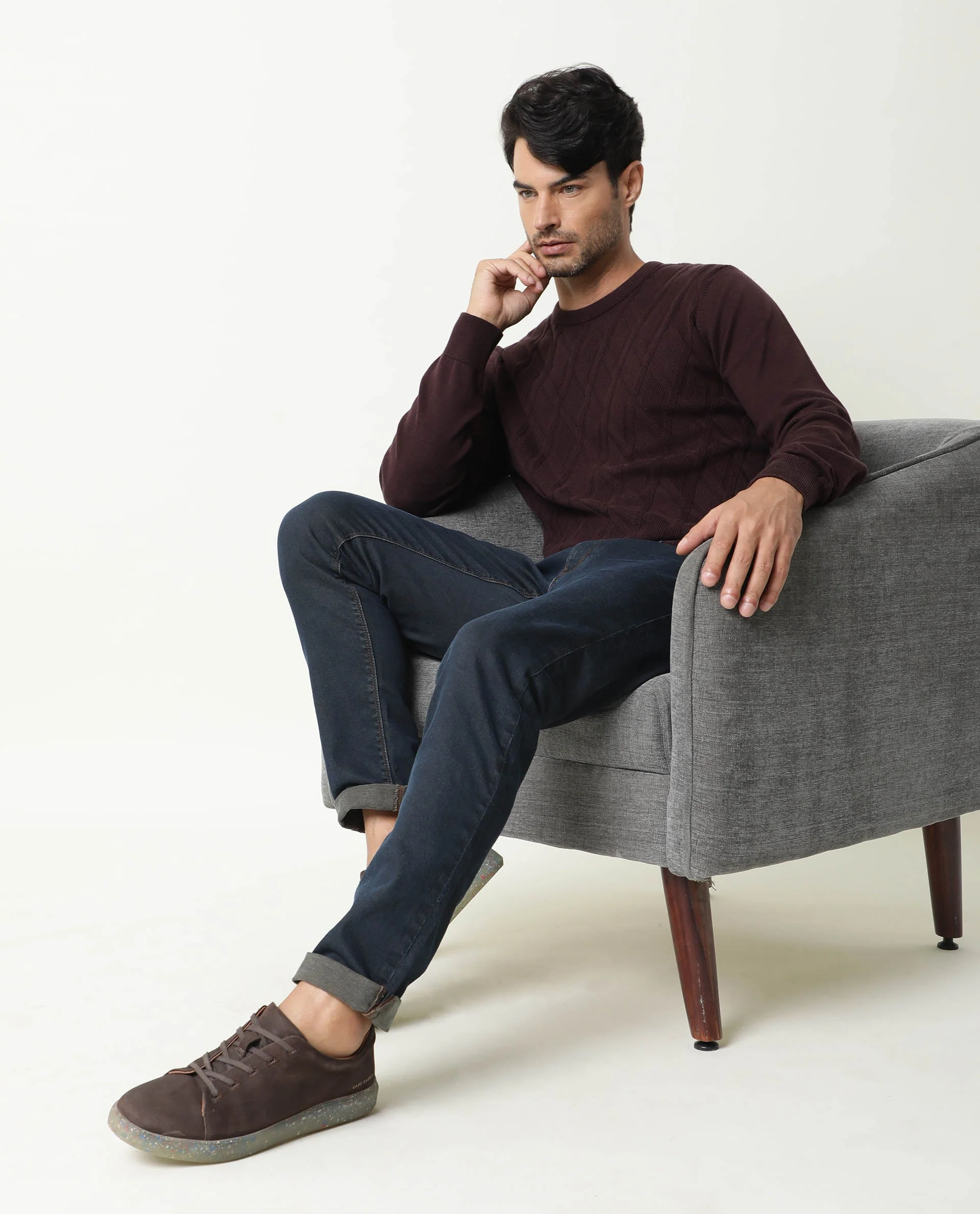 Rare Rabbit Men's Cable Brown Cotton Textured Regular Fit Full Sleeve Crew Neck Sweater - Image 2