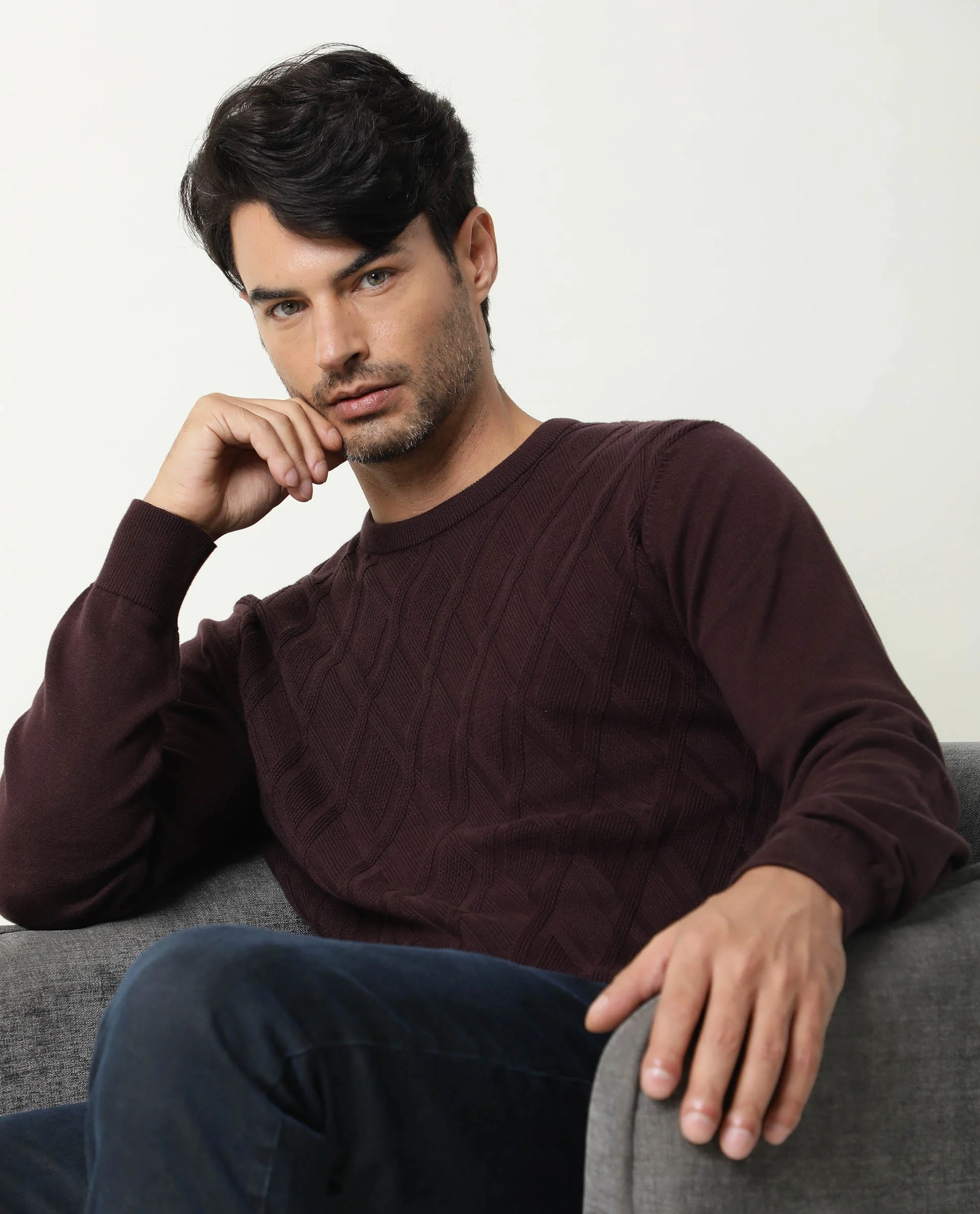 Rare Rabbit Men's Cable Brown Cotton Textured Regular Fit Full Sleeve Crew Neck Sweater - Image 3