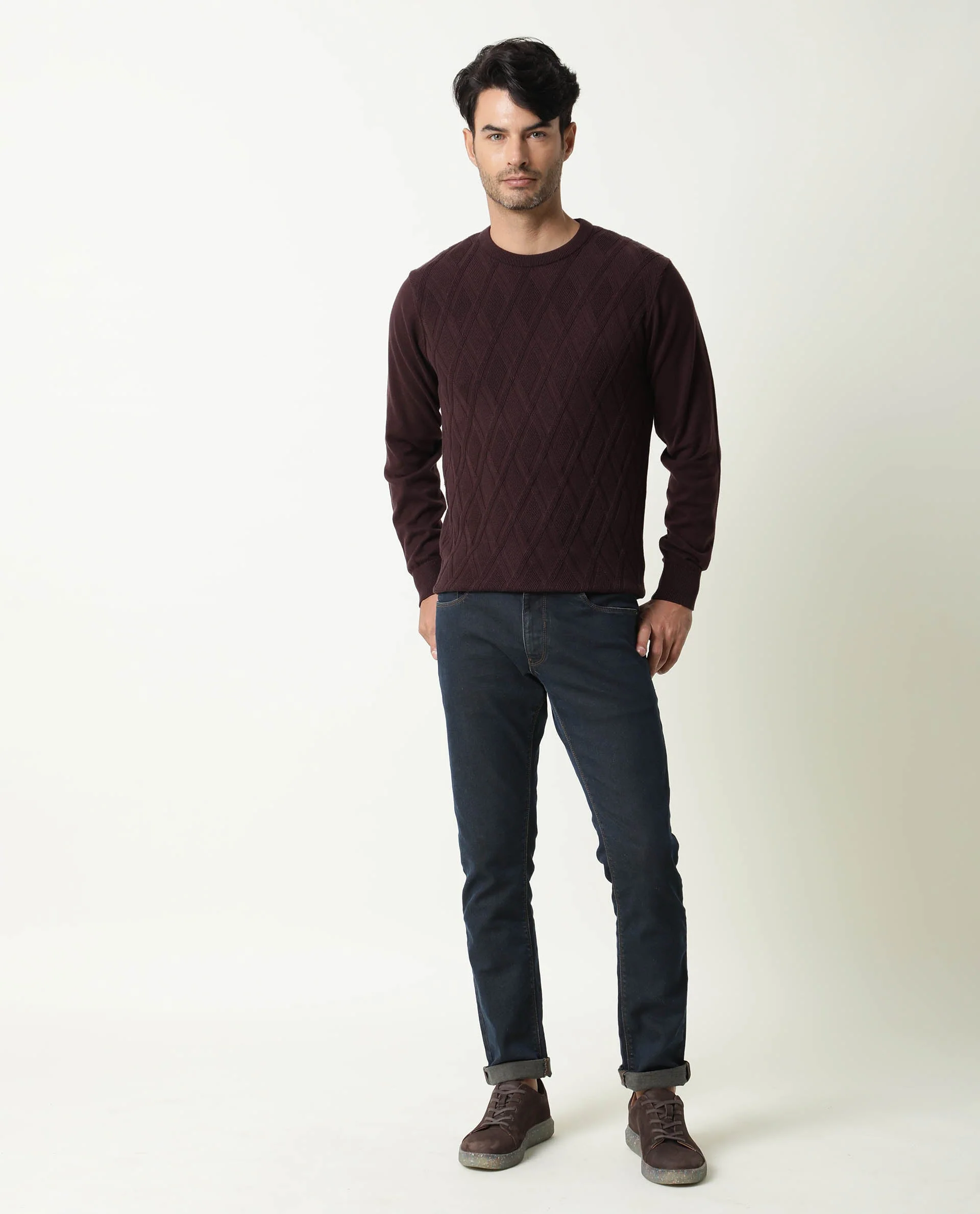Rare Rabbit Men's Cable Brown Cotton Textured Regular Fit Full Sleeve Crew Neck Sweater - Image 4