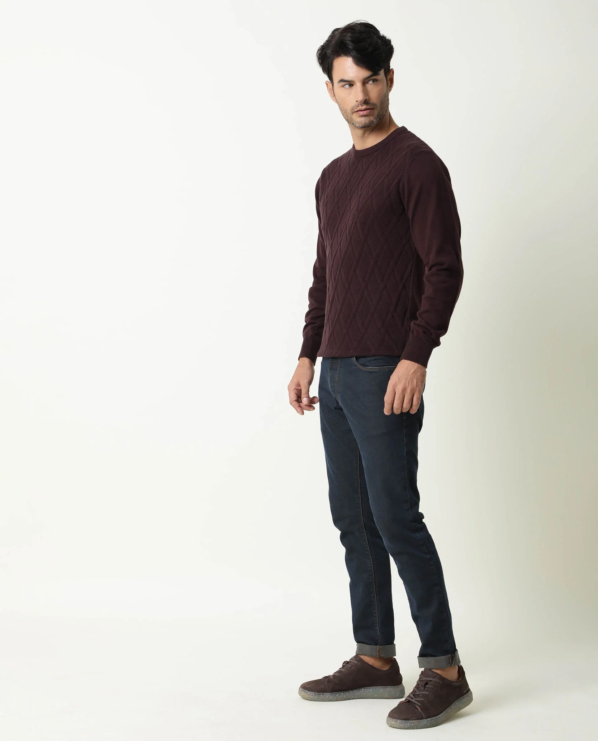 Rare Rabbit Men's Cable Brown Cotton Textured Regular Fit Full Sleeve Crew Neck Sweater - Image 5