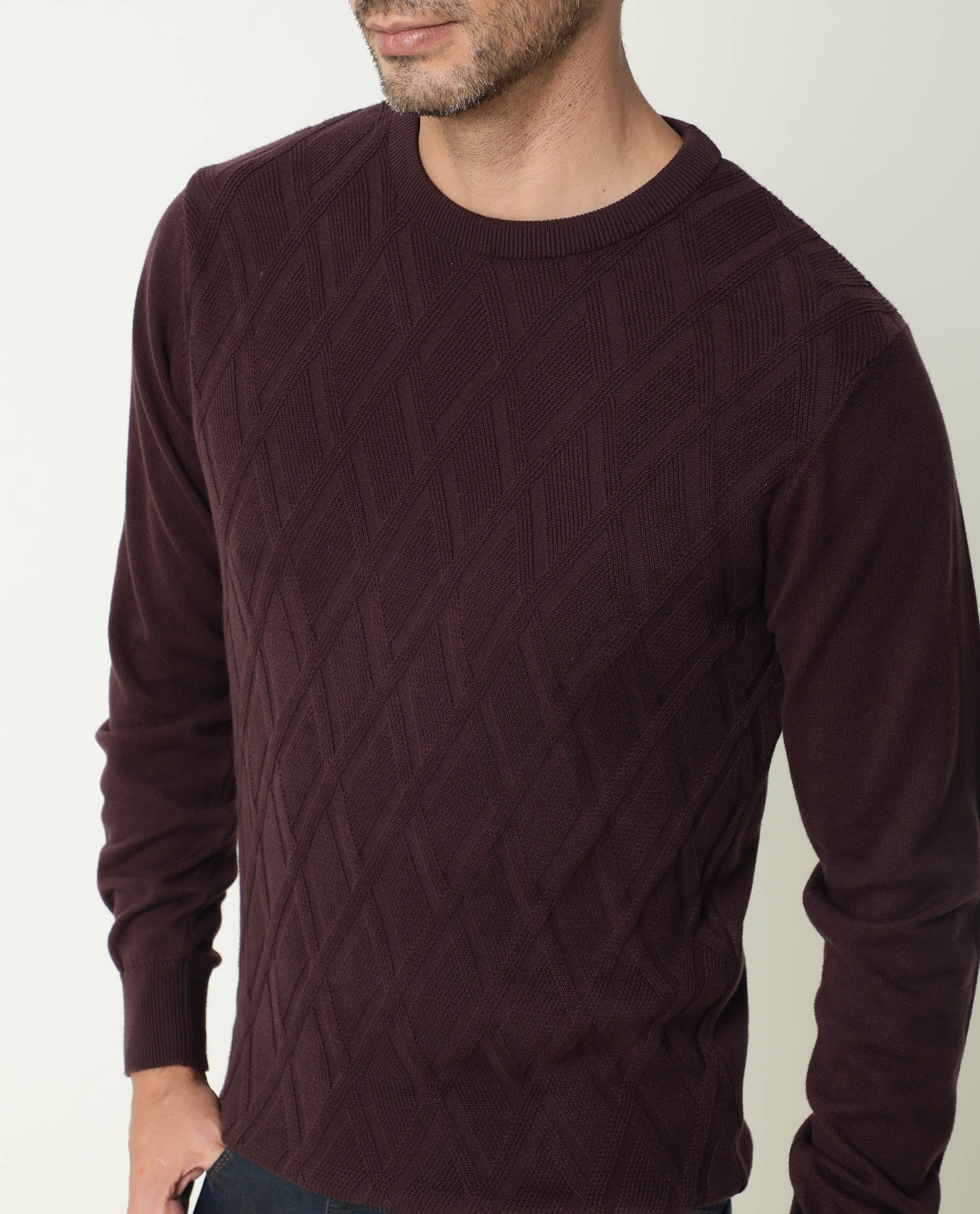 Rare Rabbit Men's Cable Brown Cotton Textured Regular Fit Full Sleeve Crew Neck Sweater - Image 6