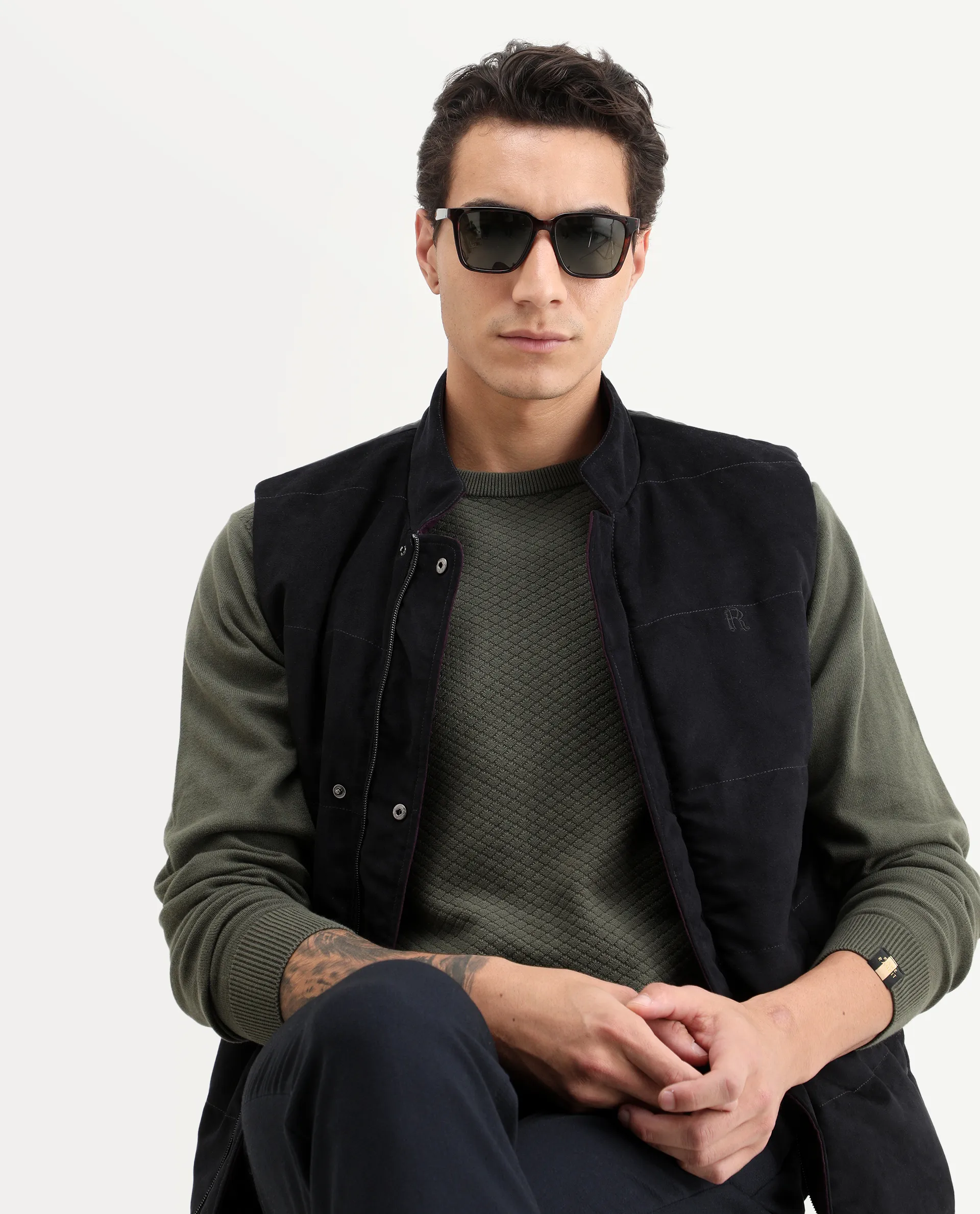 Rare Rabbit Men's Cable Olive Textured Regular Fit Full Sleeve Crew Neck Sweater