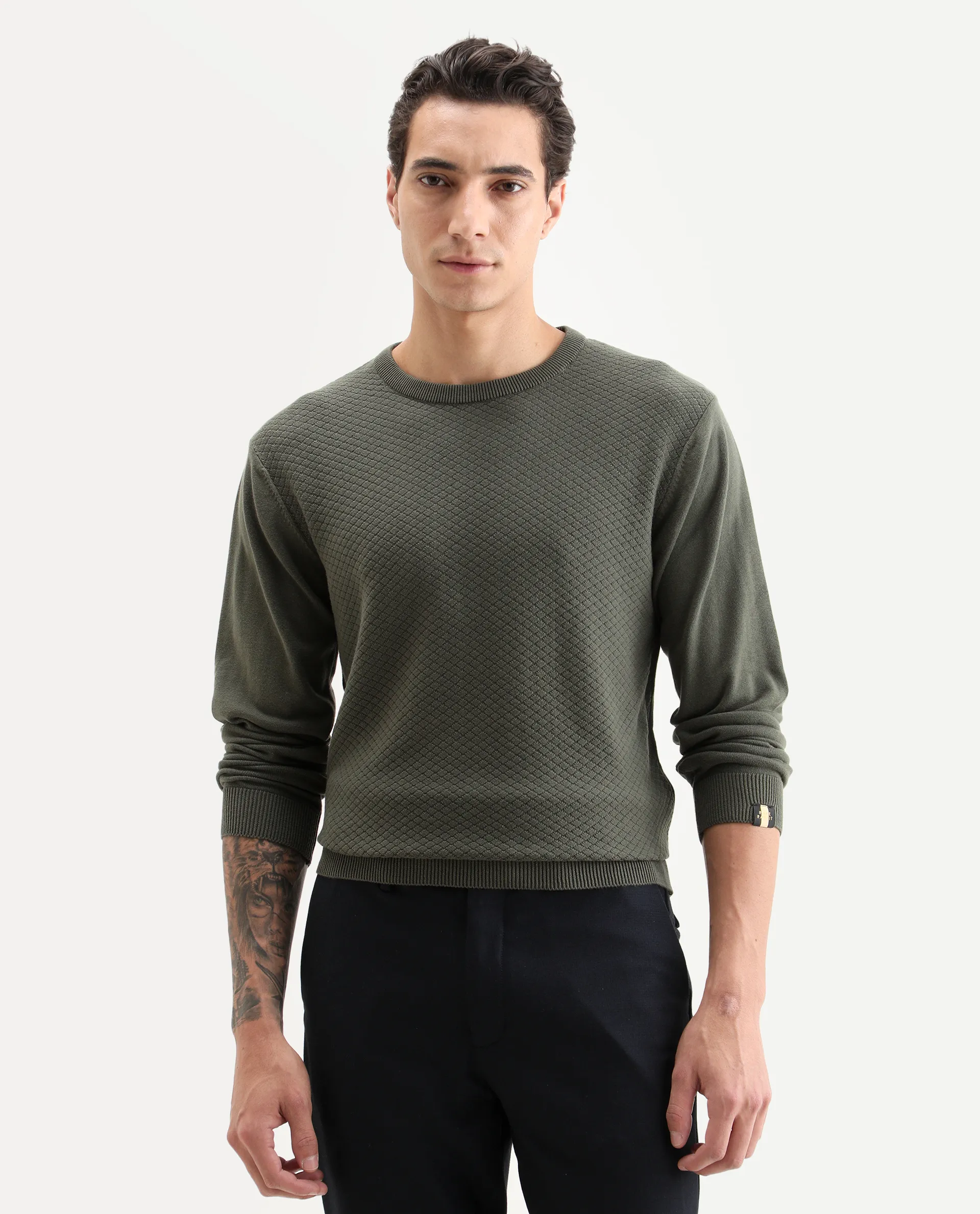 Rare Rabbit Men's Cable Olive Textured Regular Fit Full Sleeve Crew Neck Sweater - Image 3