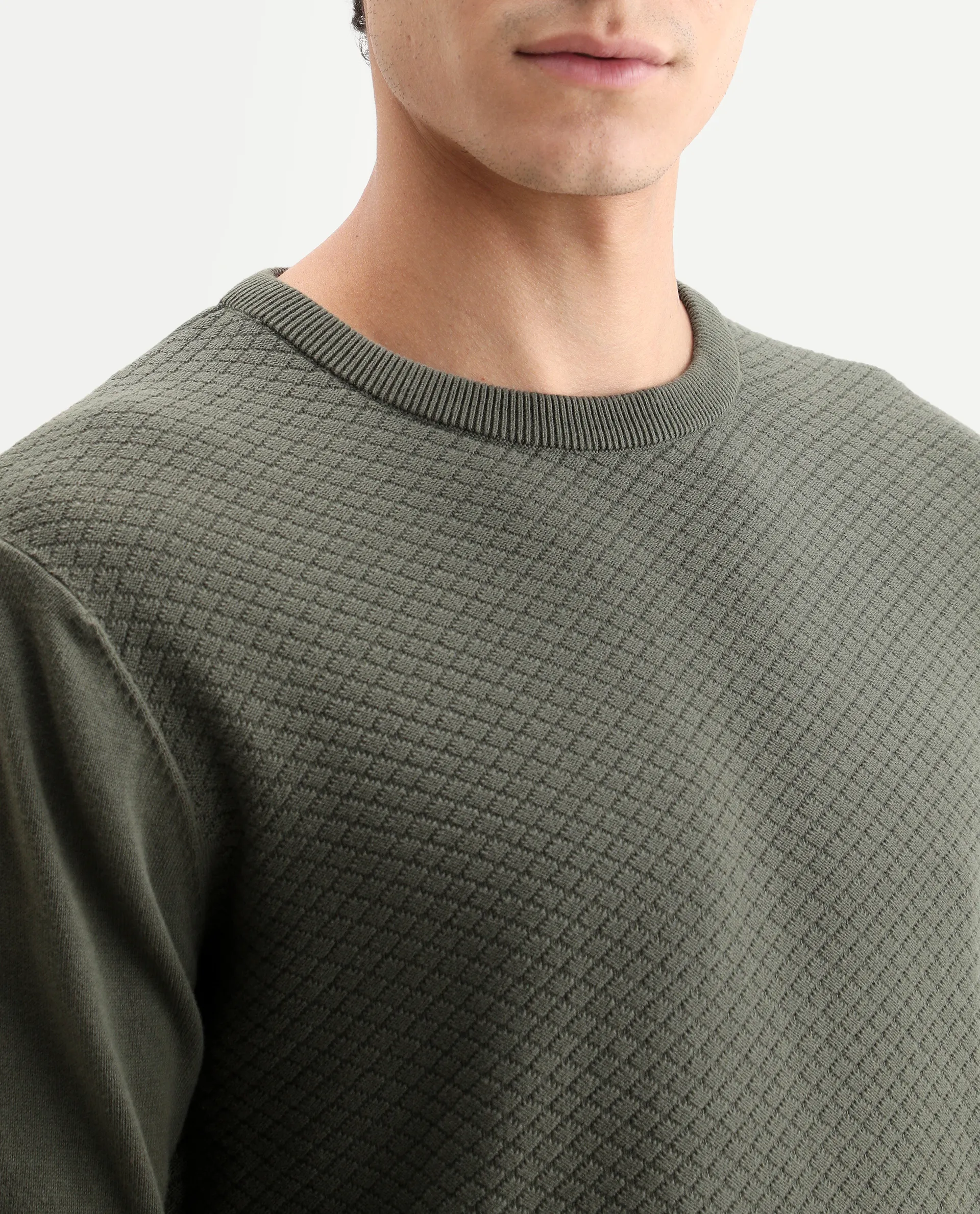 Rare Rabbit Men's Cable Olive Textured Regular Fit Full Sleeve Crew Neck Sweater - Image 4