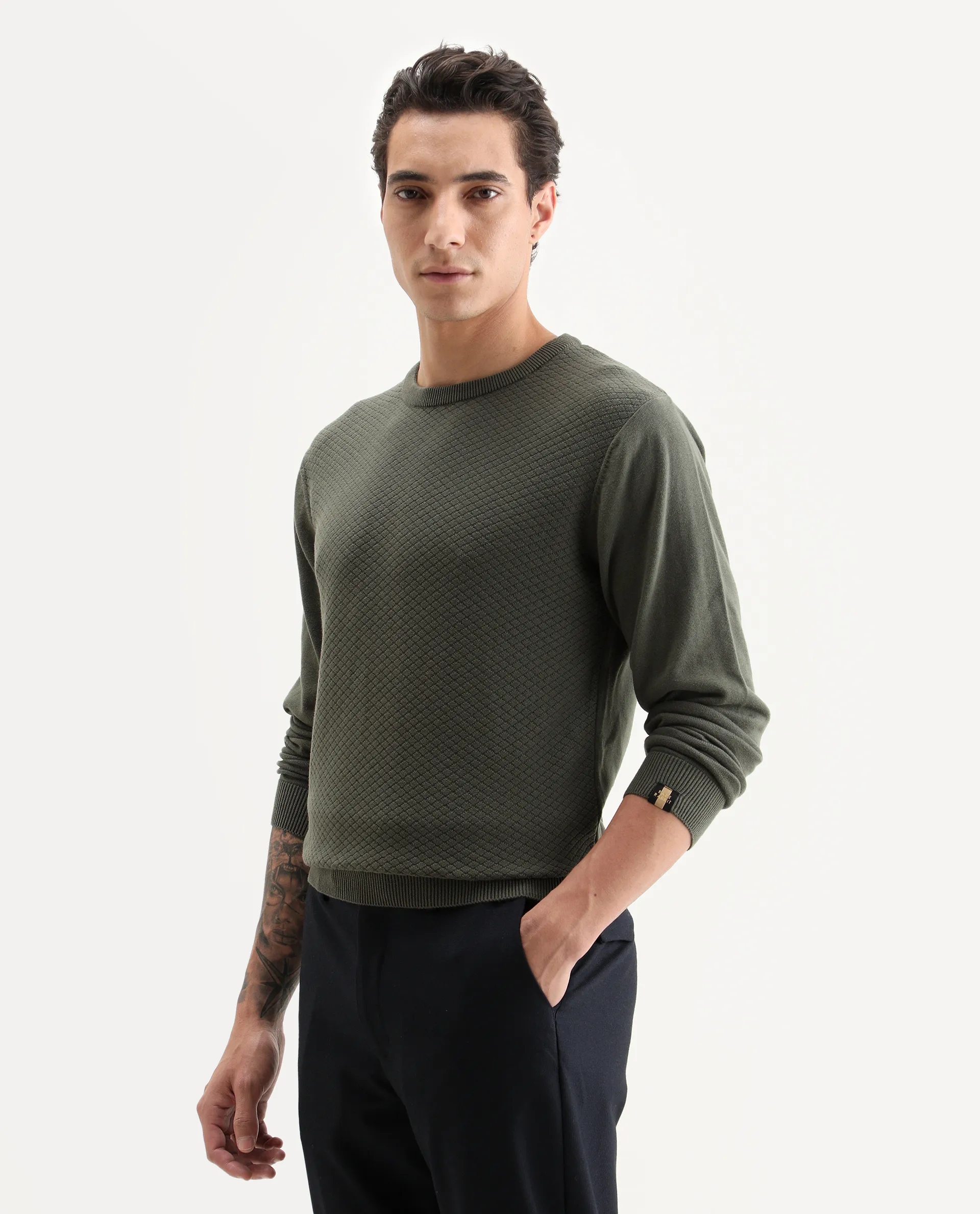 Rare Rabbit Men's Cable Olive Textured Regular Fit Full Sleeve Crew Neck Sweater - Image 5