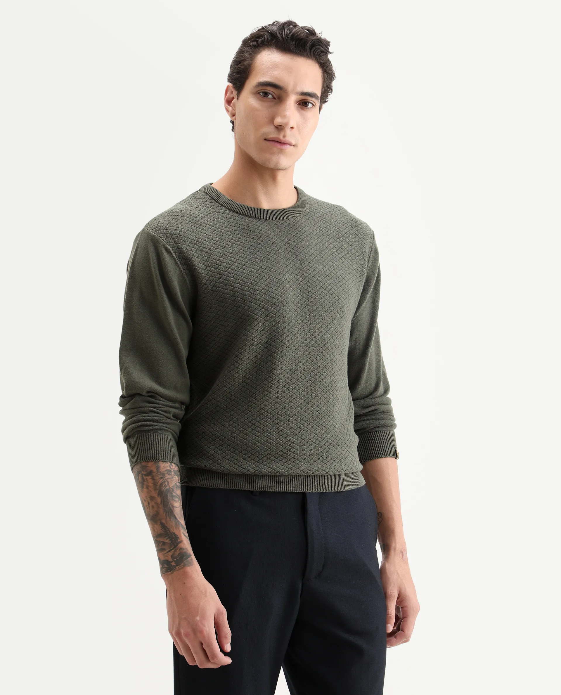 Rare Rabbit Men's Cable Olive Textured Regular Fit Full Sleeve Crew Neck Sweater - Image 6