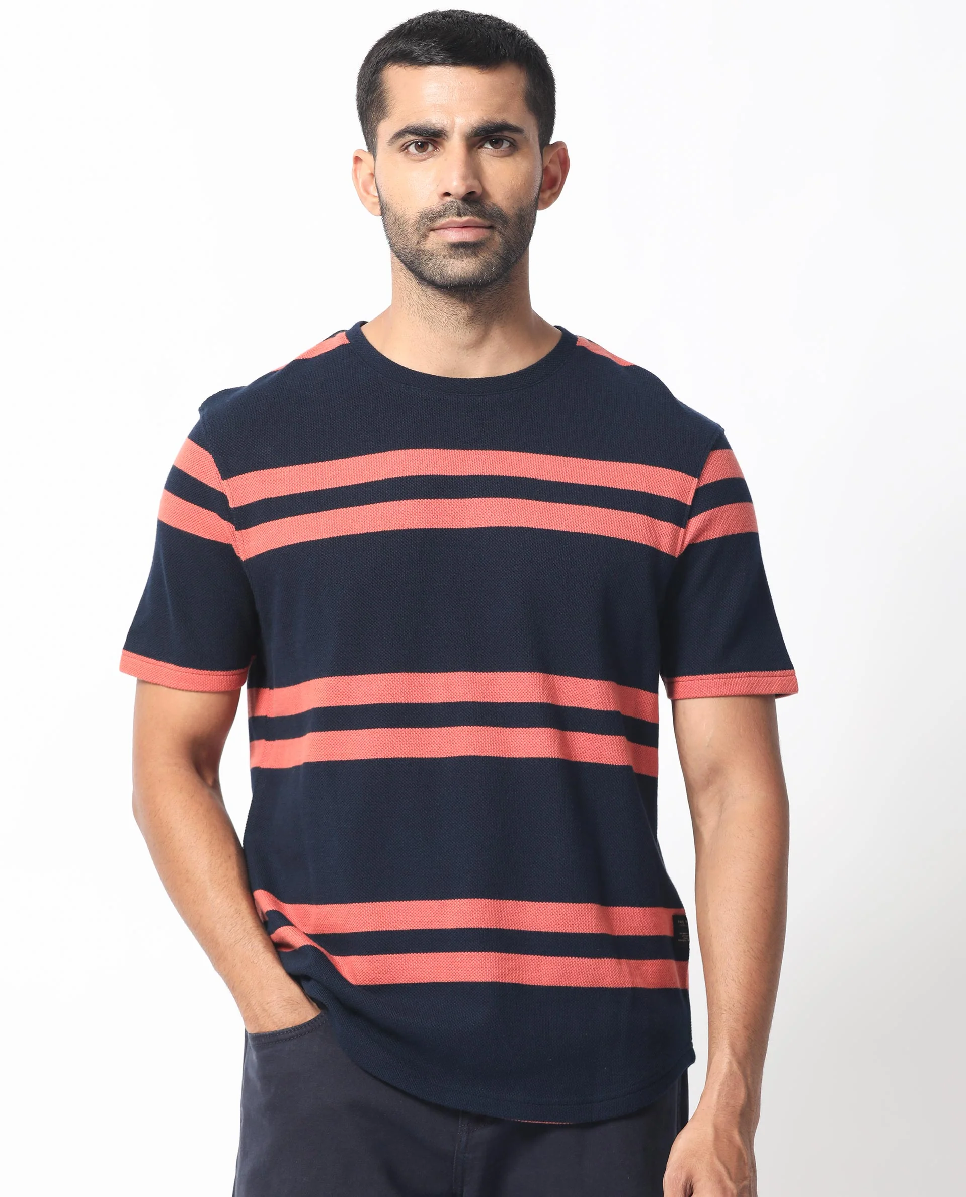 Rare Rabbit Men's Cachos Dark Navy Cotton Plain Slim Fit Half Sleeve Crew Neck T-Shirt