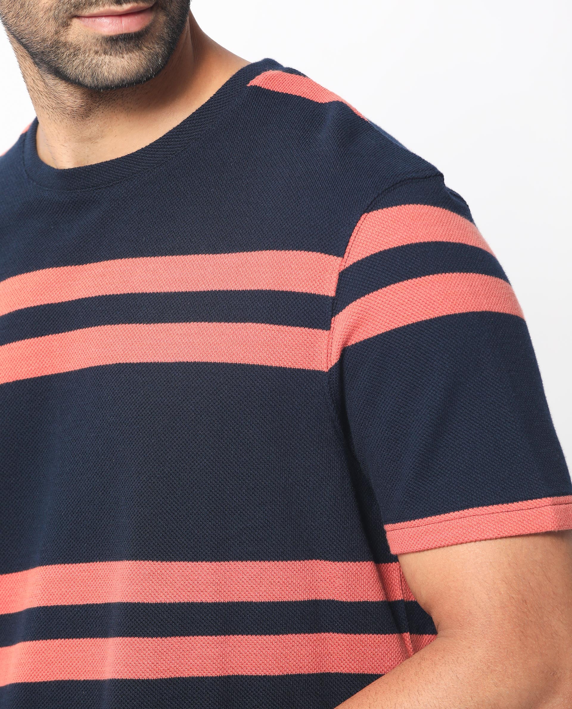 Rare Rabbit Men's Cachos Dark Navy Cotton Plain Slim Fit Half Sleeve Crew Neck T-Shirt - Image 3