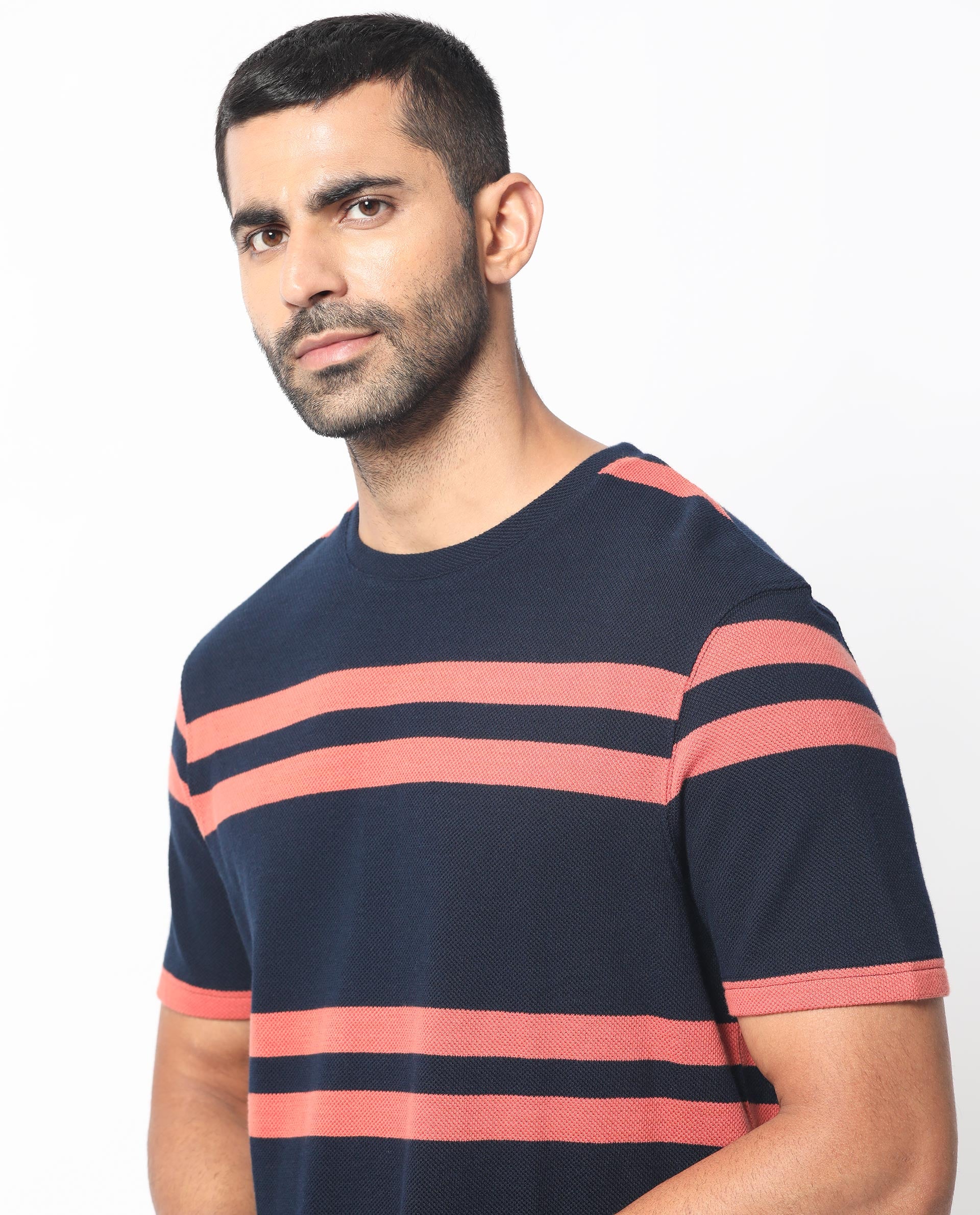 Rare Rabbit Men's Cachos Dark Navy Cotton Plain Slim Fit Half Sleeve Crew Neck T-Shirt - Image 4