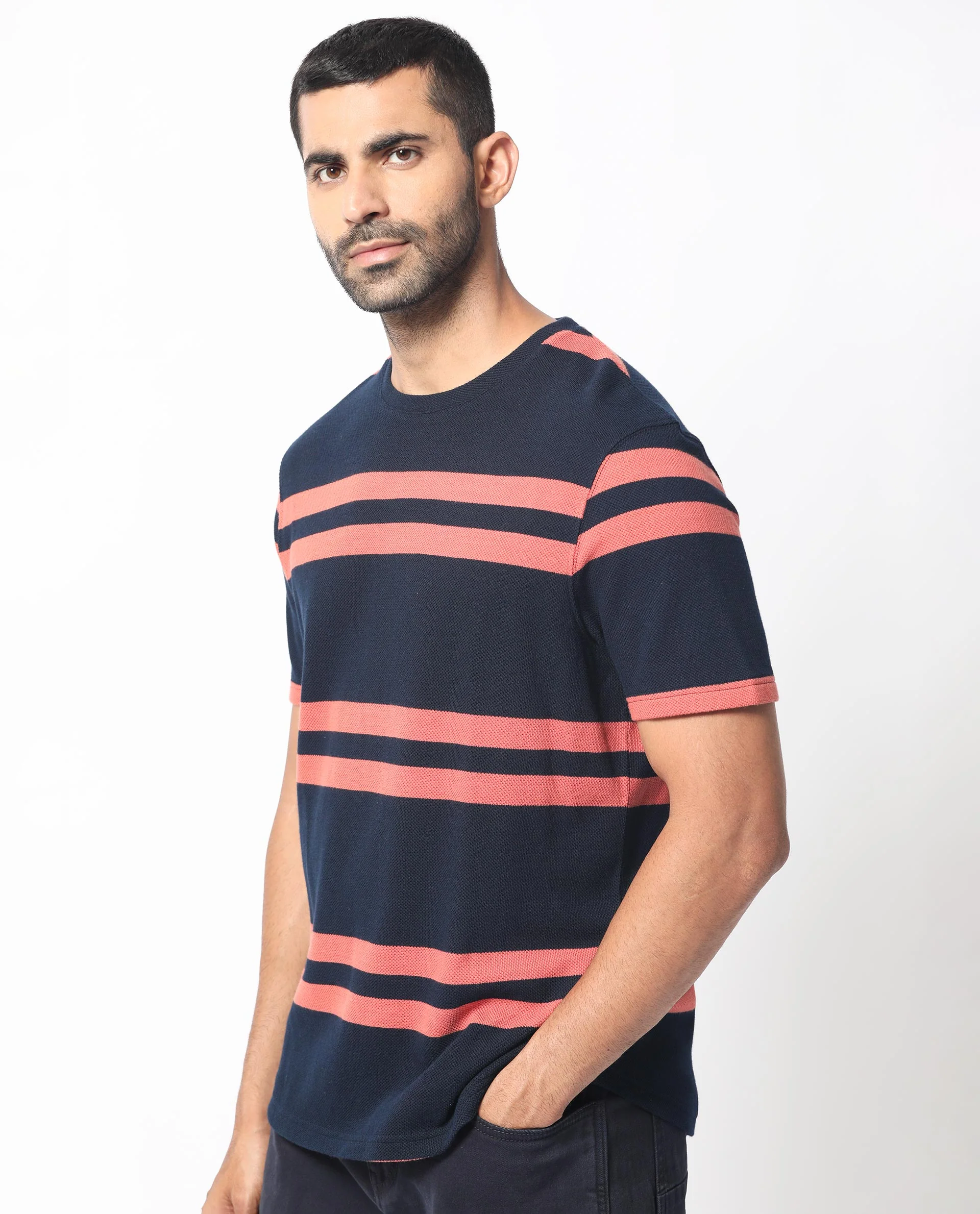 Rare Rabbit Men's Cachos Dark Navy Cotton Plain Slim Fit Half Sleeve Crew Neck T-Shirt - Image 5