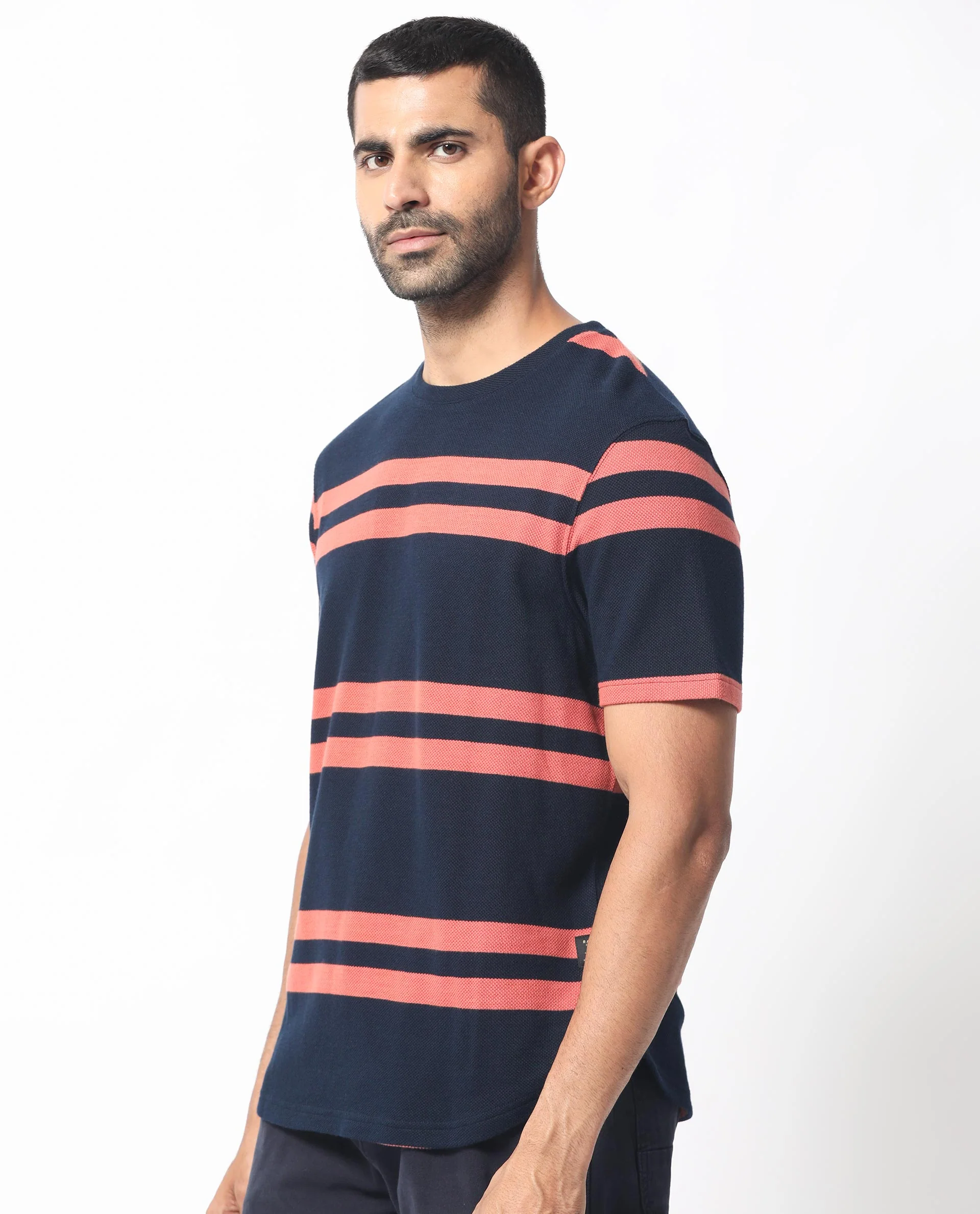Rare Rabbit Men's Cachos Dark Navy Cotton Plain Slim Fit Half Sleeve Crew Neck T-Shirt - Image 6
