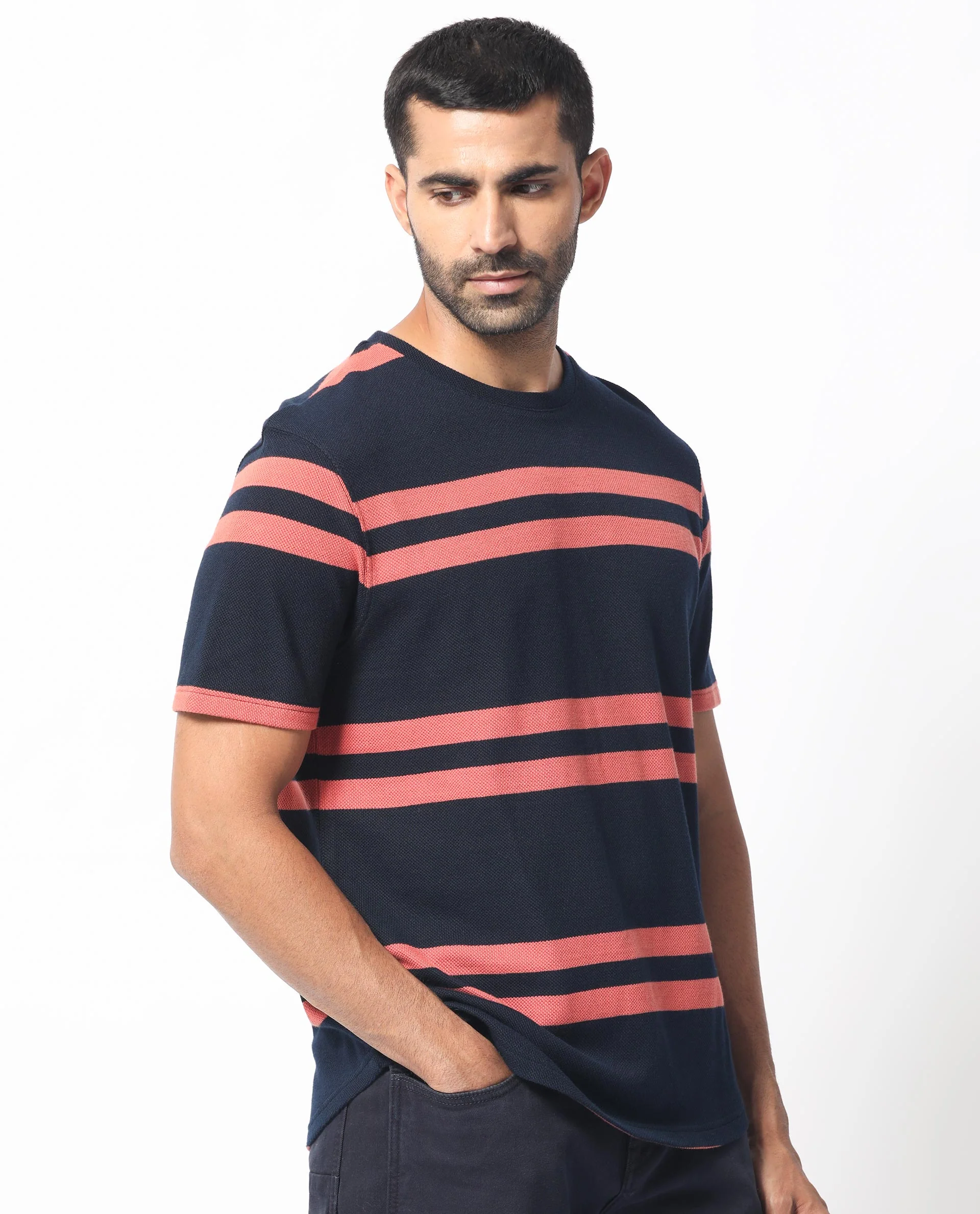 Rare Rabbit Men's Cachos Dark Navy Cotton Plain Slim Fit Half Sleeve Crew Neck T-Shirt - Image 7