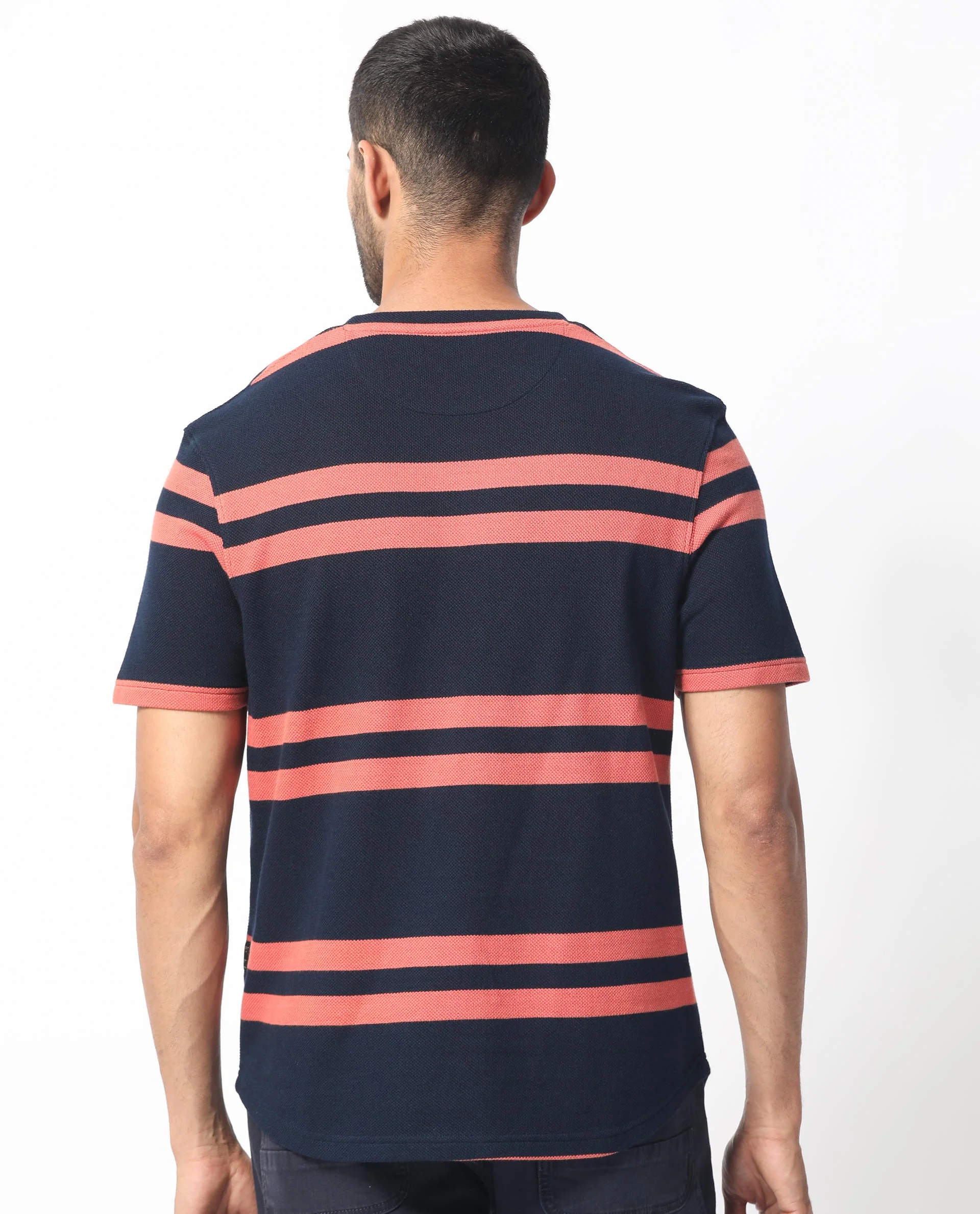 Rare Rabbit Men's Cachos Dark Navy Cotton Plain Slim Fit Half Sleeve Crew Neck T-Shirt - Image 8