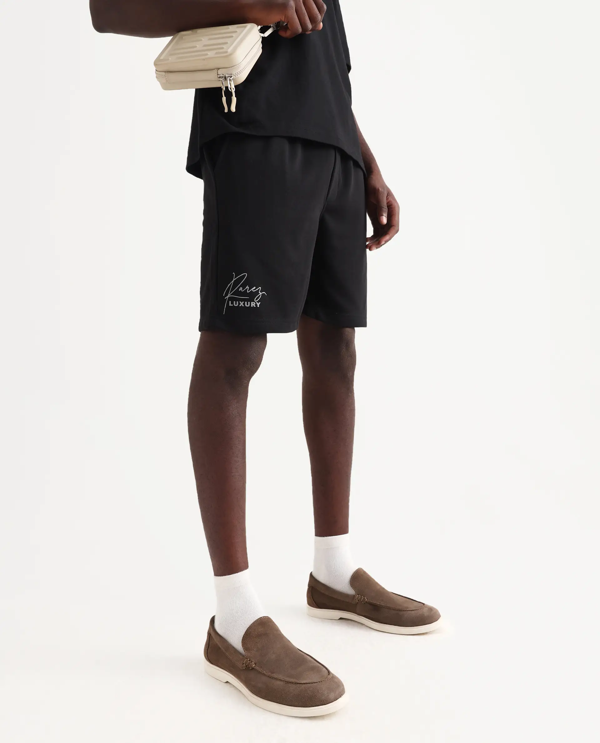 Rare Rabbit Men's Cade-B Black Cotton Typography Print Oversized Fit Shorts - Image 2