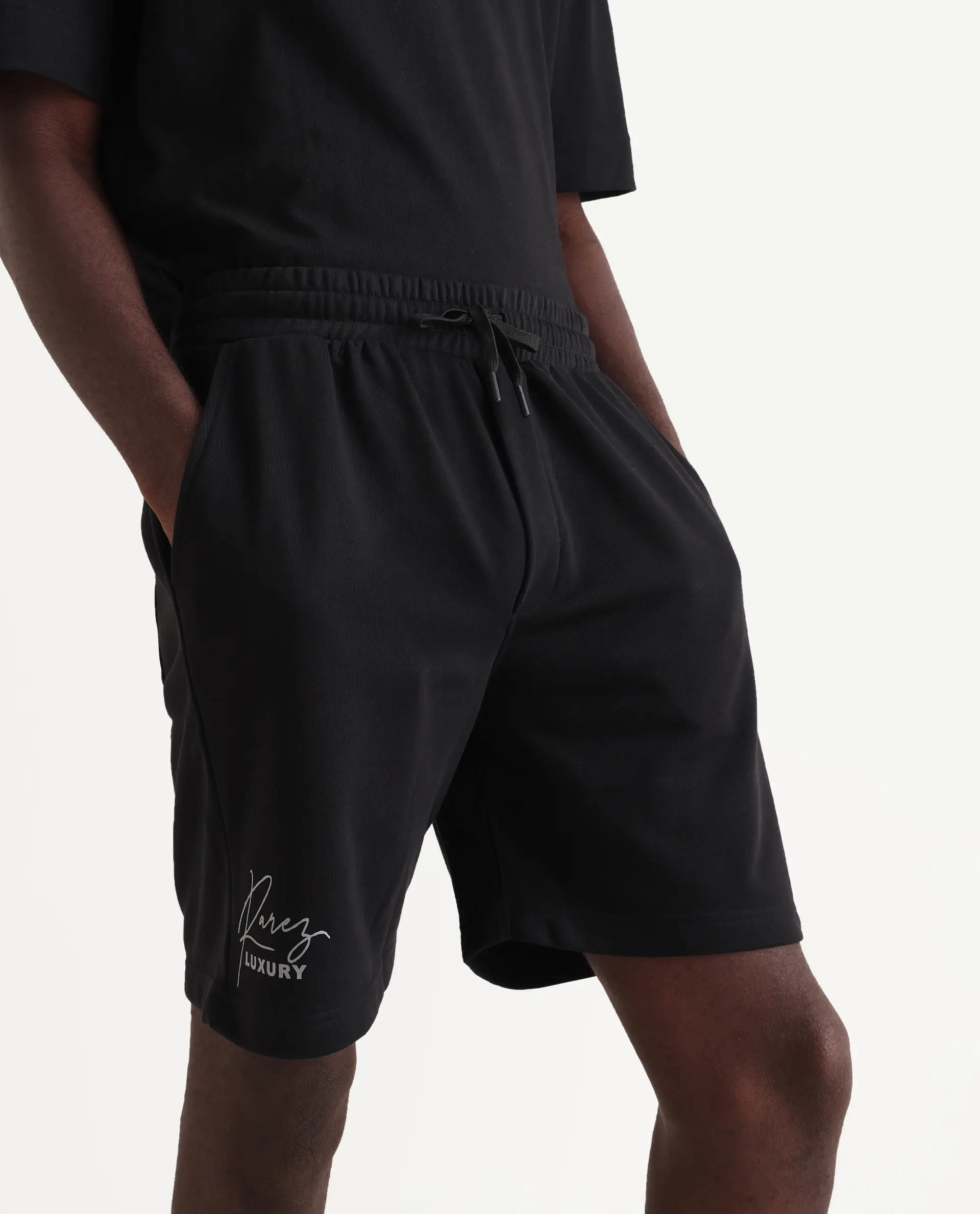 Rare Rabbit Men's Cade-B Black Cotton Typography Print Oversized Fit Shorts - Image 3