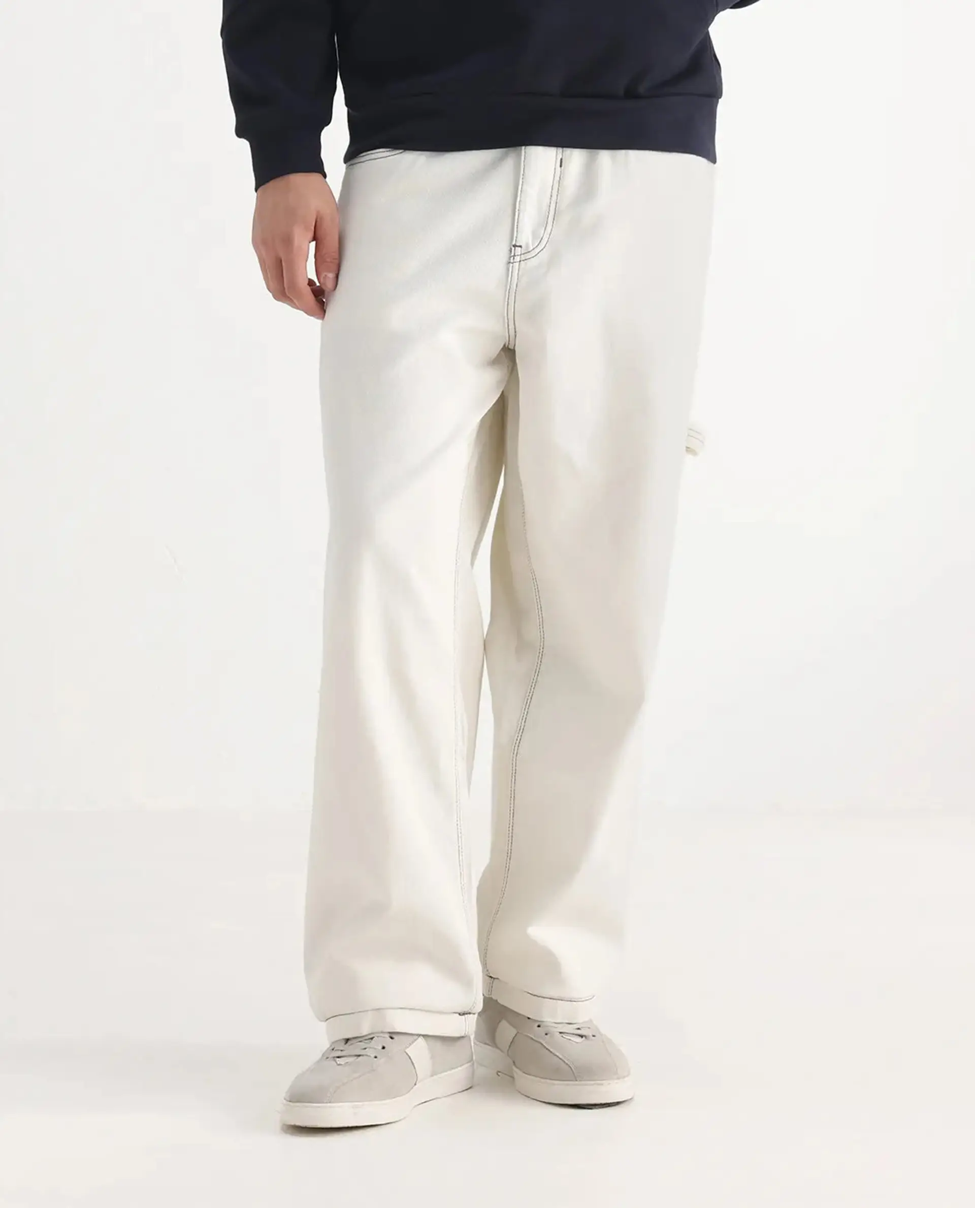 Rare Rabbit Men's Cade White Cotton Plain Baggy Fit Jeans - Image 10