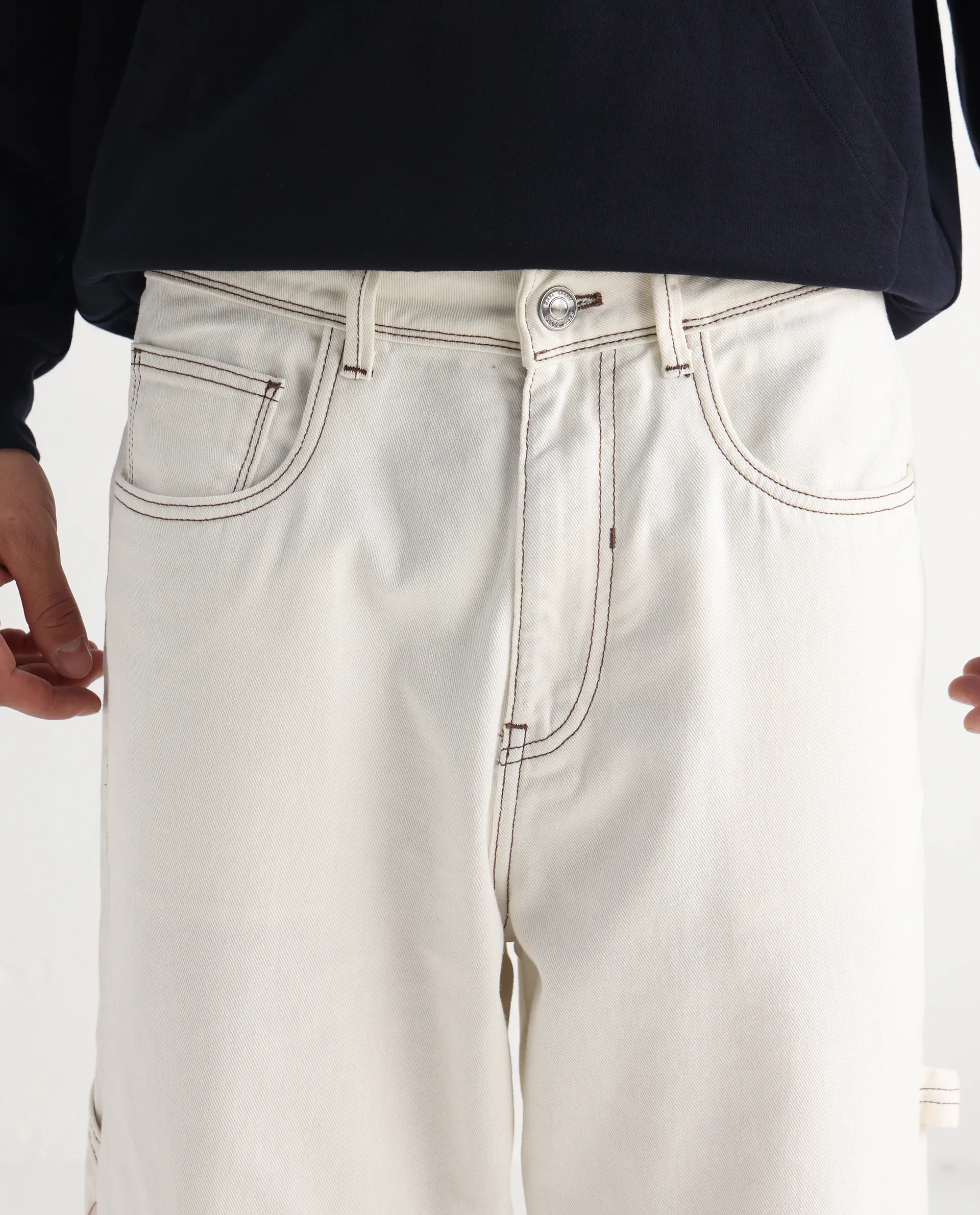 Rare Rabbit Men's Cade White Cotton Plain Baggy Fit Jeans - Image 3