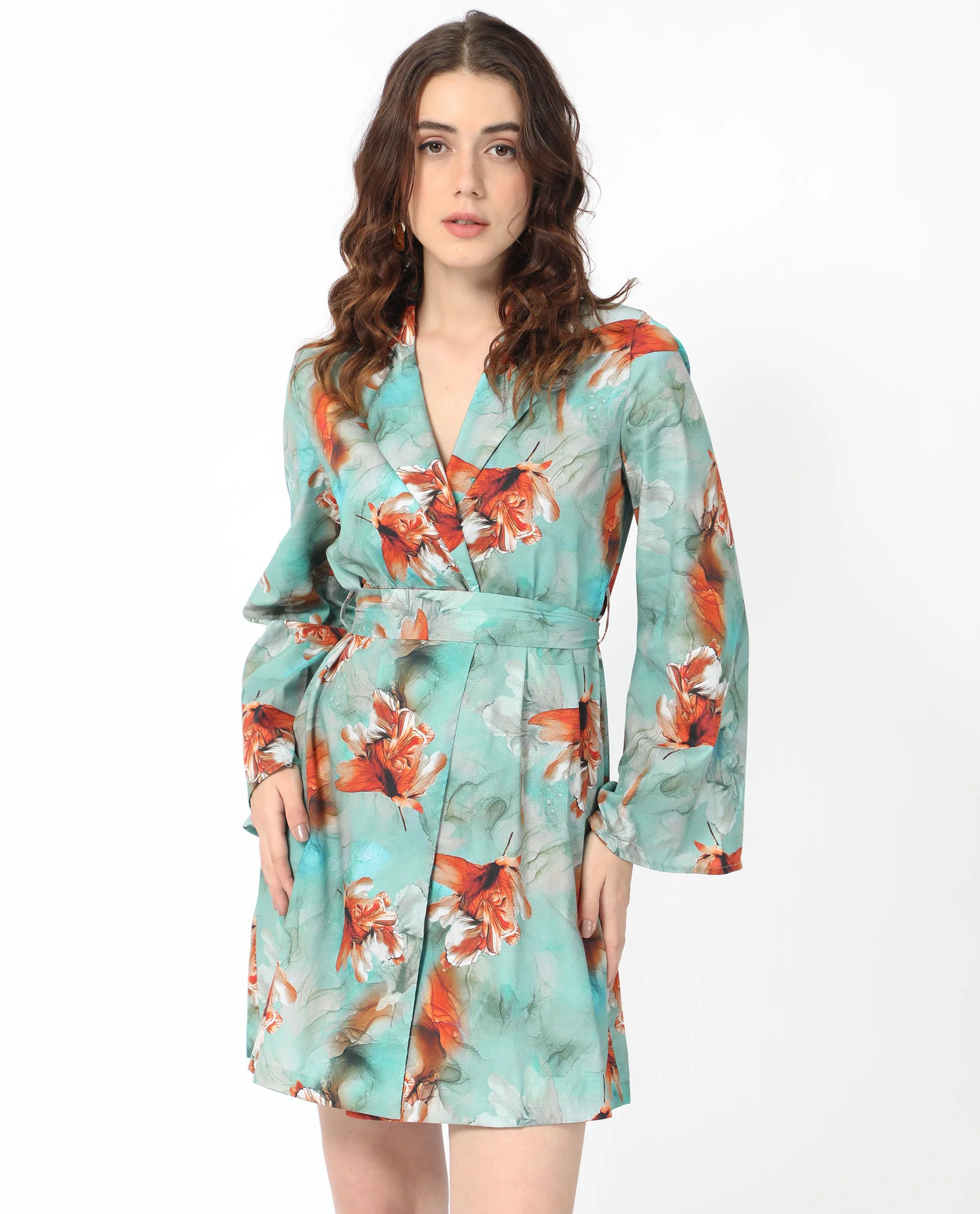 Rareism Women's Caden Blue Cotton Lapel Neck Abstract Print Bell Sleeve Mini Regular Fit Dress