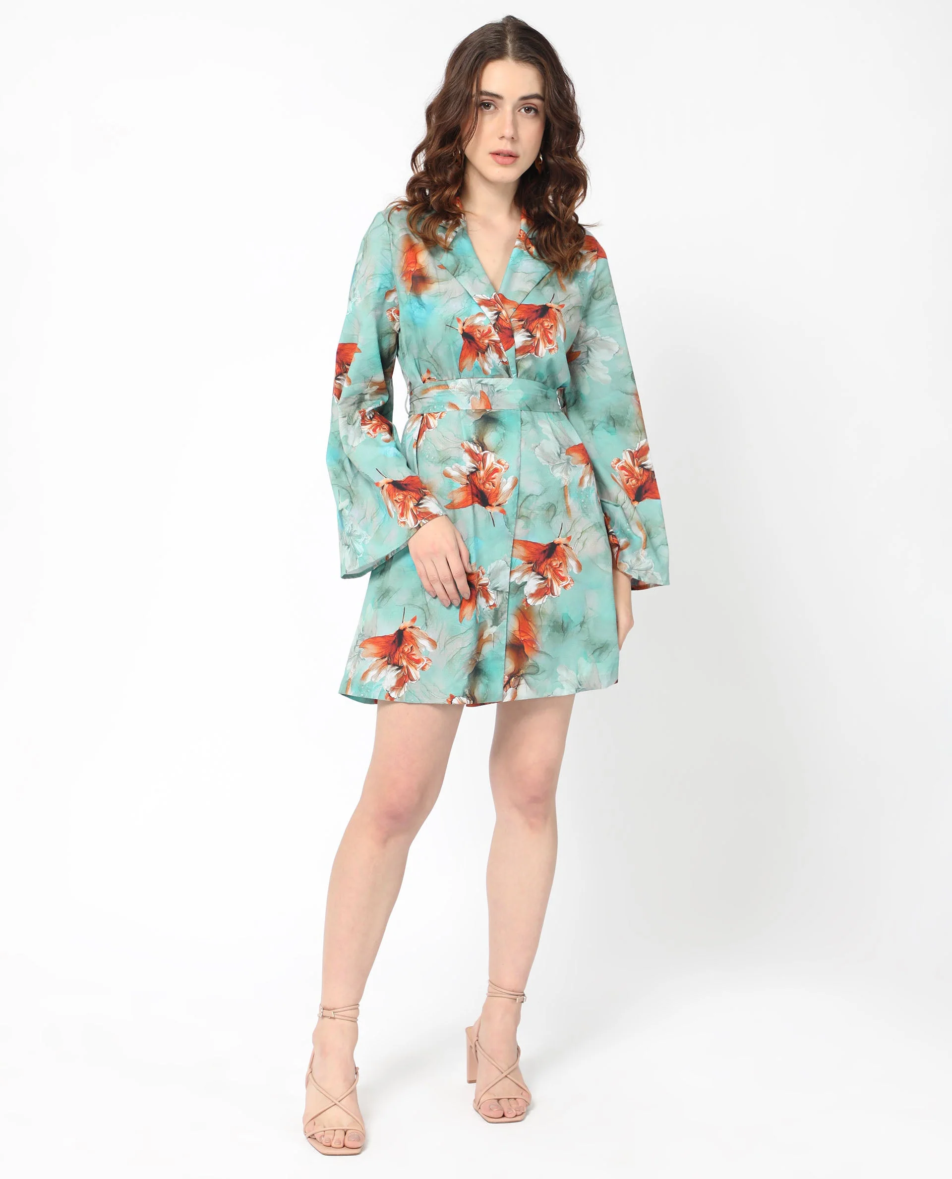 Rareism Women's Caden Blue Cotton Lapel Neck Abstract Print Bell Sleeve Mini Regular Fit Dress - Image 2