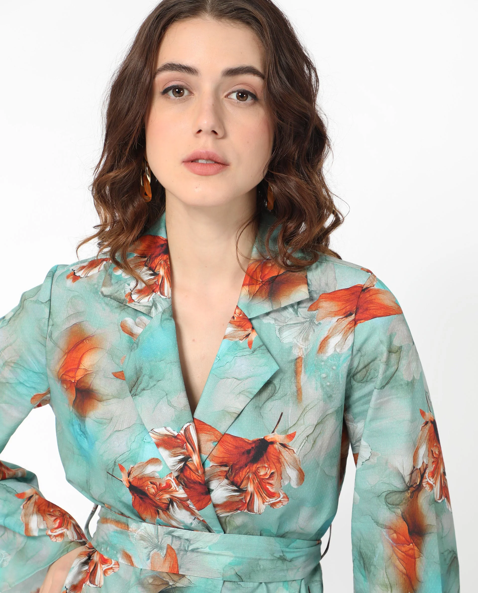 Rareism Women's Caden Blue Cotton Lapel Neck Abstract Print Bell Sleeve Mini Regular Fit Dress - Image 5