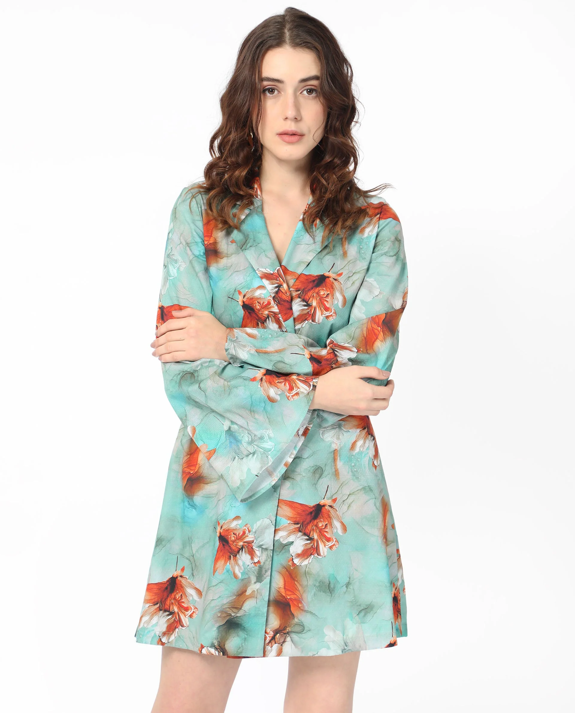 Rareism Women's Caden Blue Cotton Lapel Neck Abstract Print Bell Sleeve Mini Regular Fit Dress - Image 6