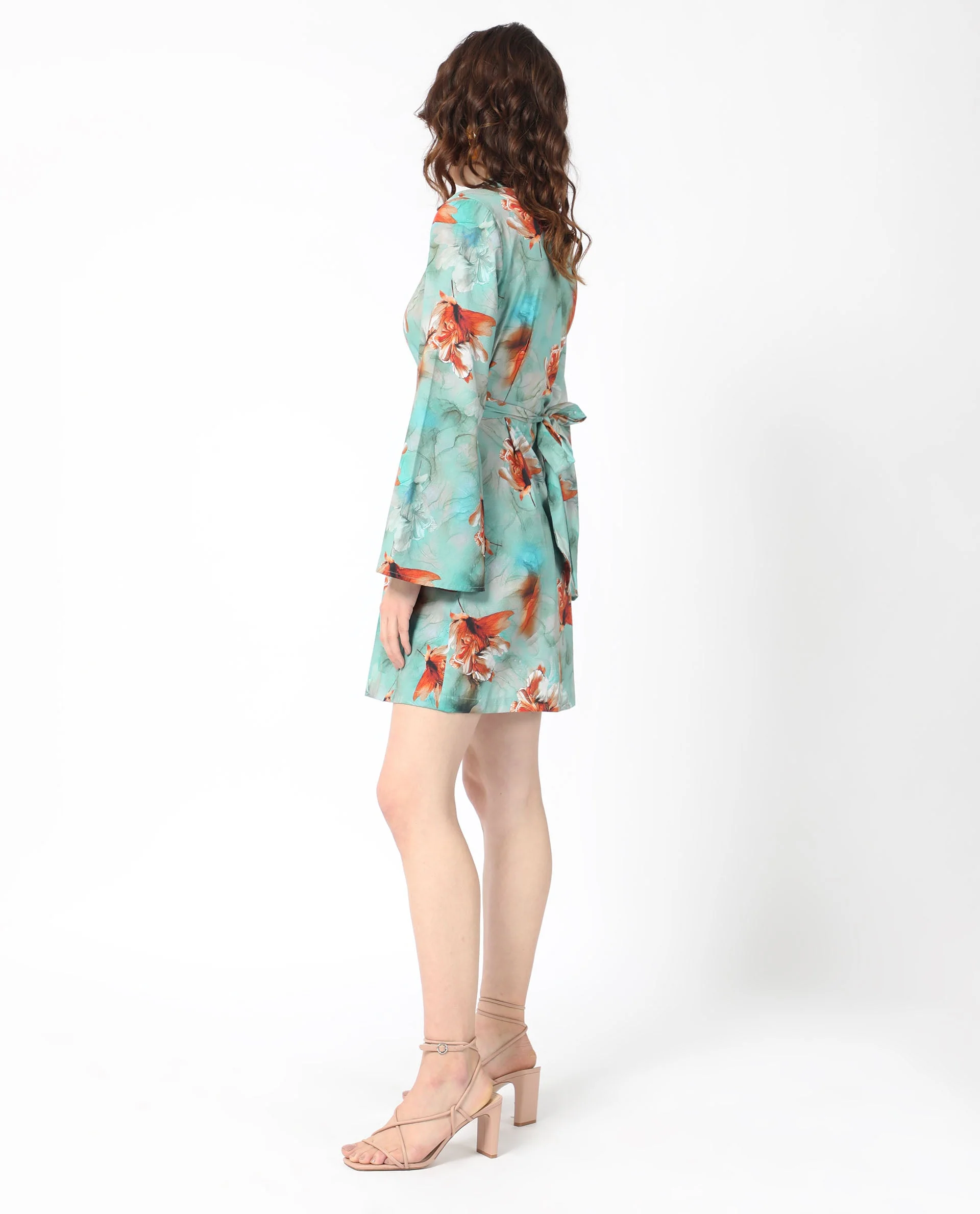 Rareism Women's Caden Blue Cotton Lapel Neck Abstract Print Bell Sleeve Mini Regular Fit Dress - Image 7