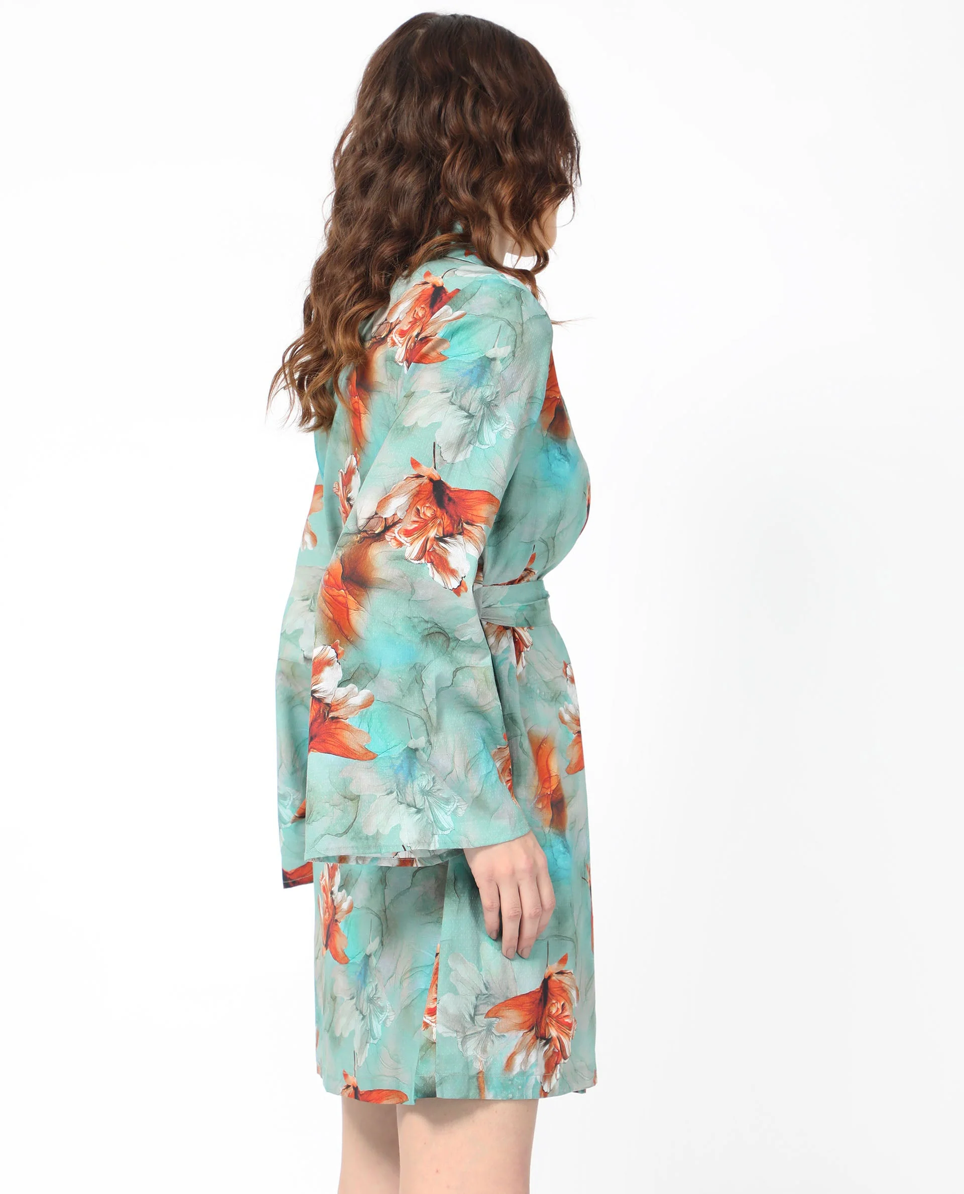Rareism Women's Caden Blue Cotton Lapel Neck Abstract Print Bell Sleeve Mini Regular Fit Dress - Image 8