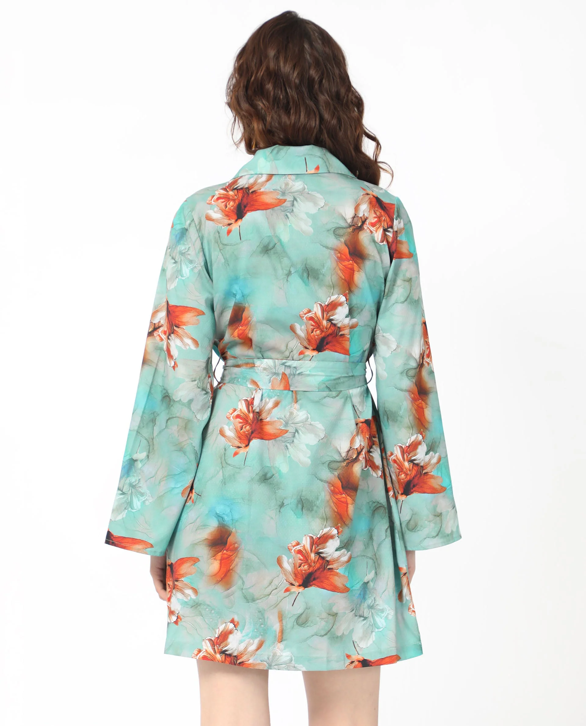 Rareism Women's Caden Blue Cotton Lapel Neck Abstract Print Bell Sleeve Mini Regular Fit Dress - Image 9