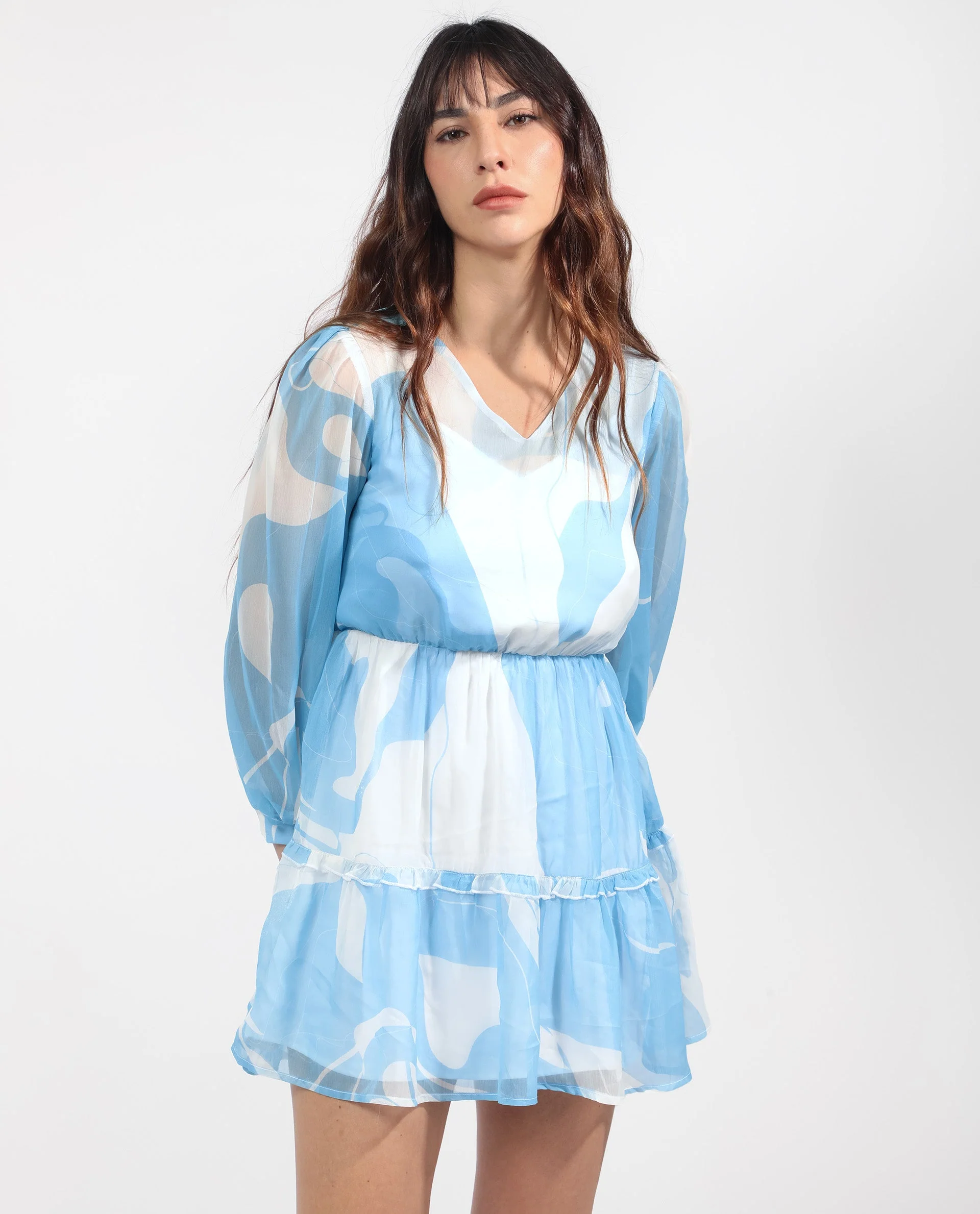 Rareism Women's Cadence Blue Polyester V-Neck Abstract Print Mini Regular Fit Dress - Image 3