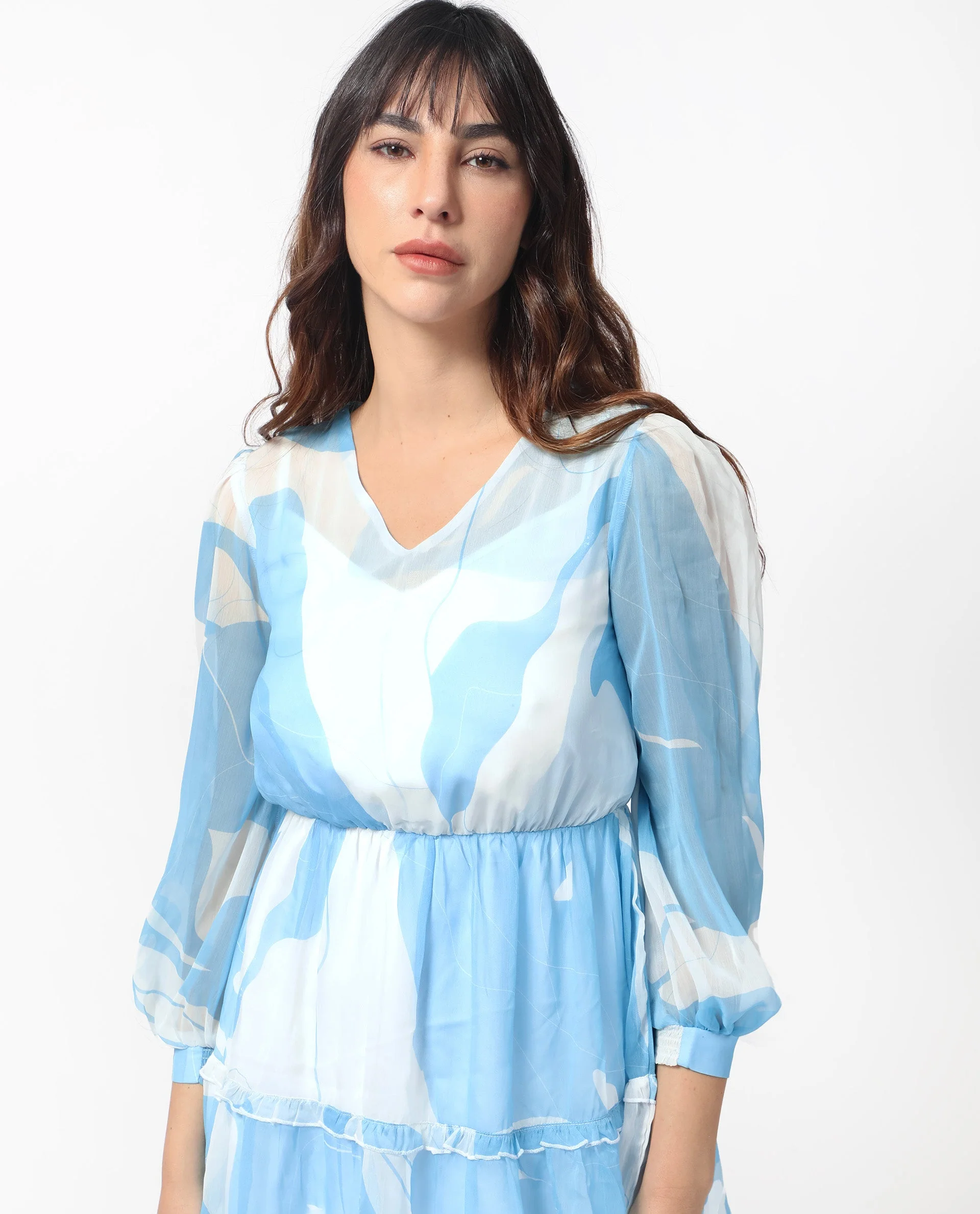 Rareism Women's Cadence Blue Polyester V-Neck Abstract Print Mini Regular Fit Dress - Image 4