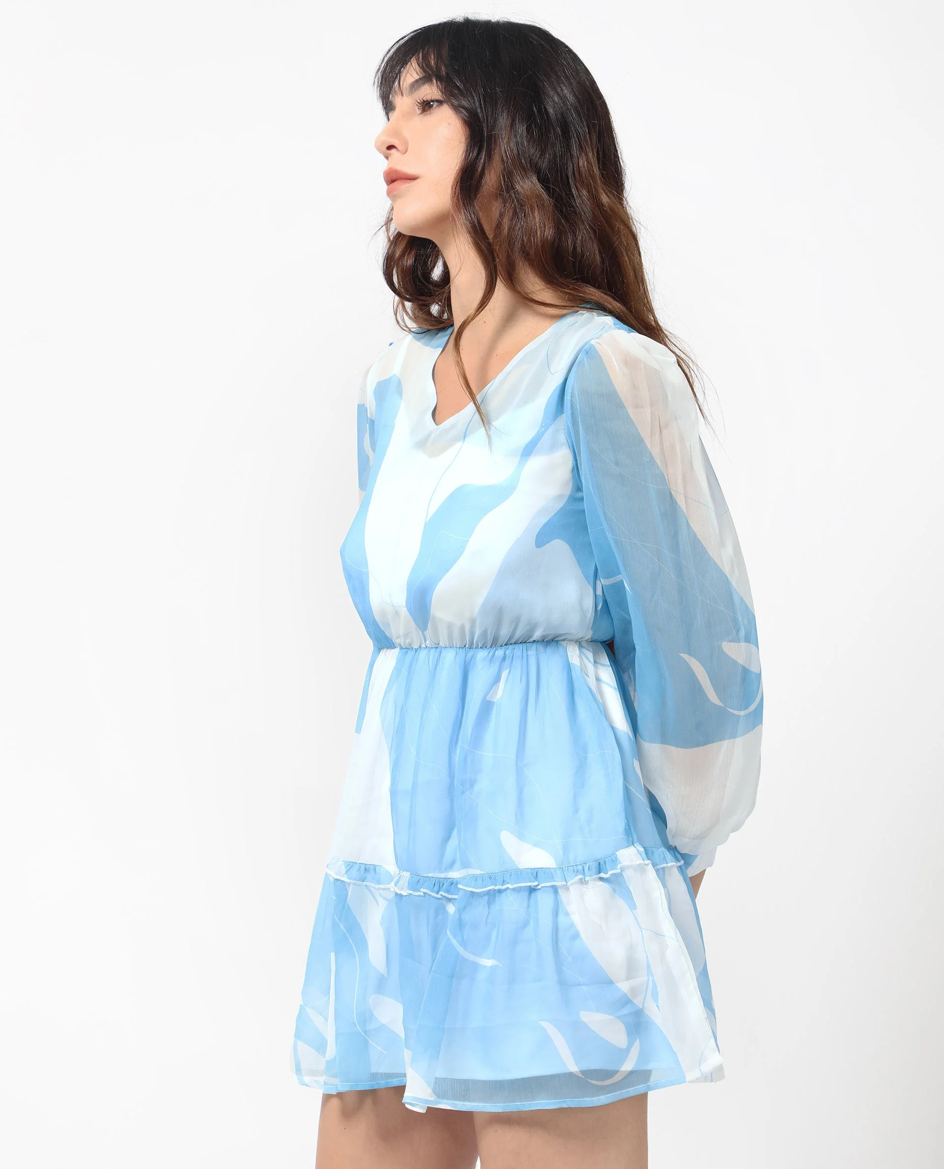 Rareism Women's Cadence Blue Polyester V-Neck Abstract Print Mini Regular Fit Dress - Image 7