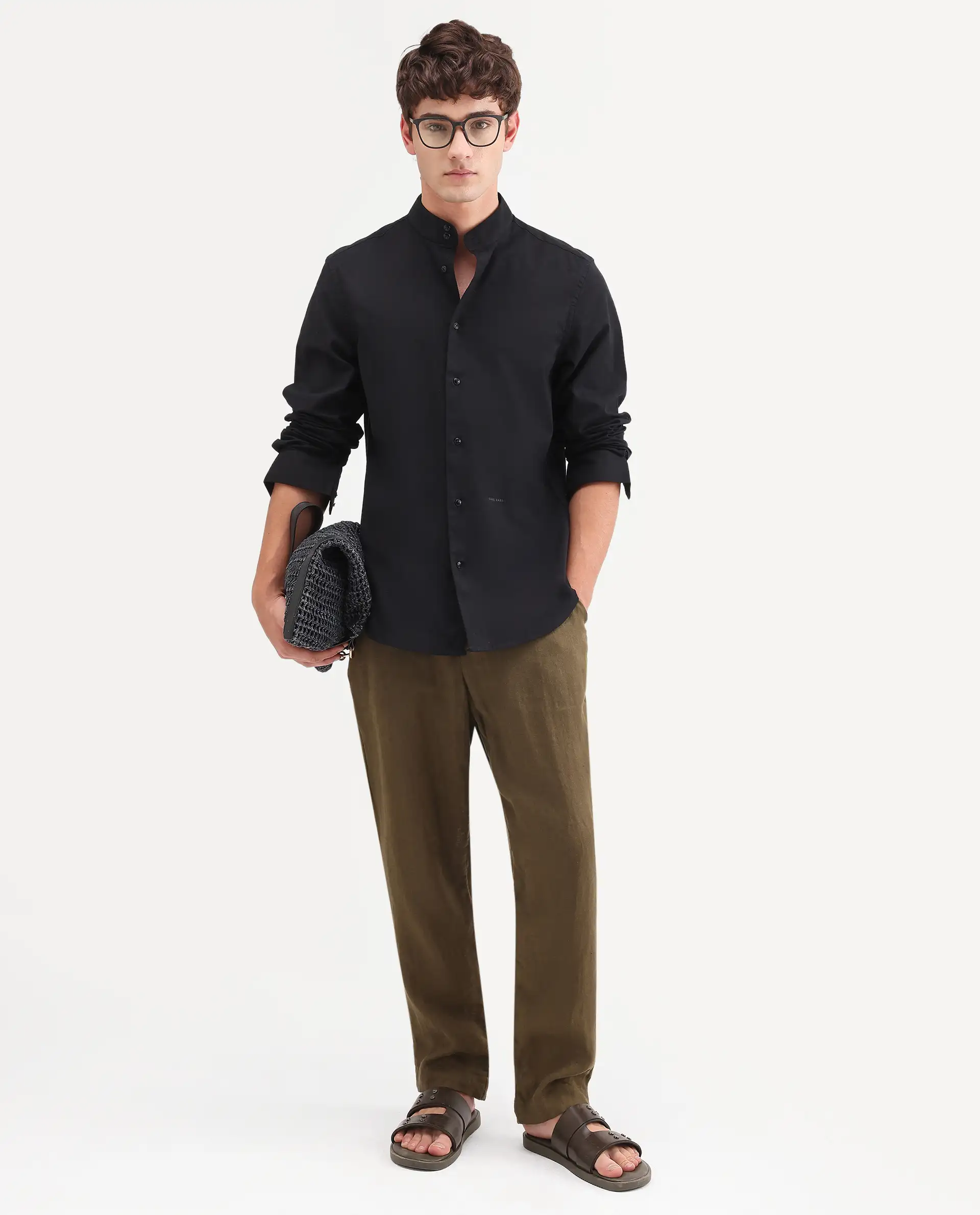 Rare Rabbit Men's Cadex Black Cotton Fabric Full Sleeve Mandarin Collar Regular Fit Plain Shirt - Image 2