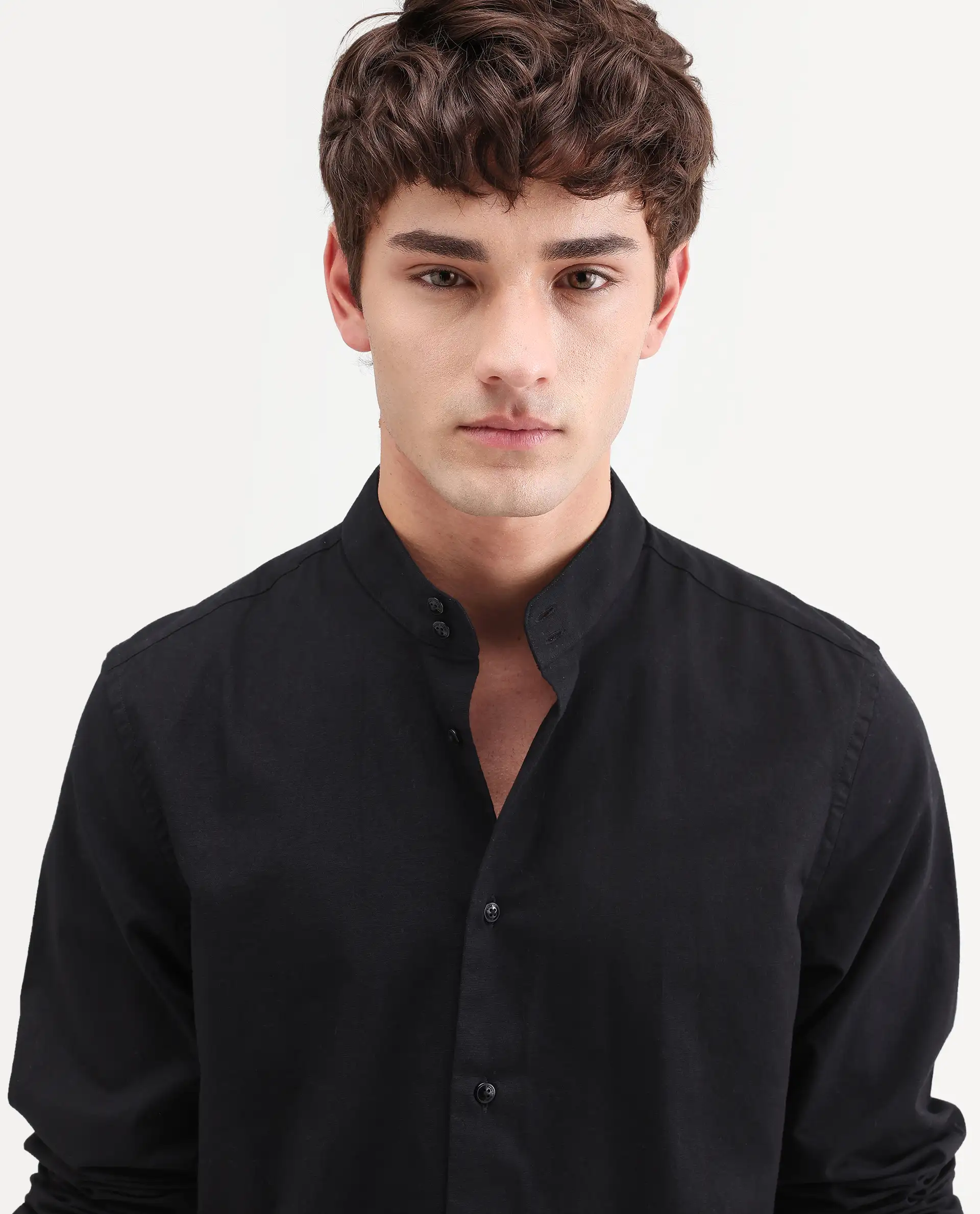 Rare Rabbit Men's Cadex Black Cotton Fabric Full Sleeve Mandarin Collar Regular Fit Plain Shirt - Image 3