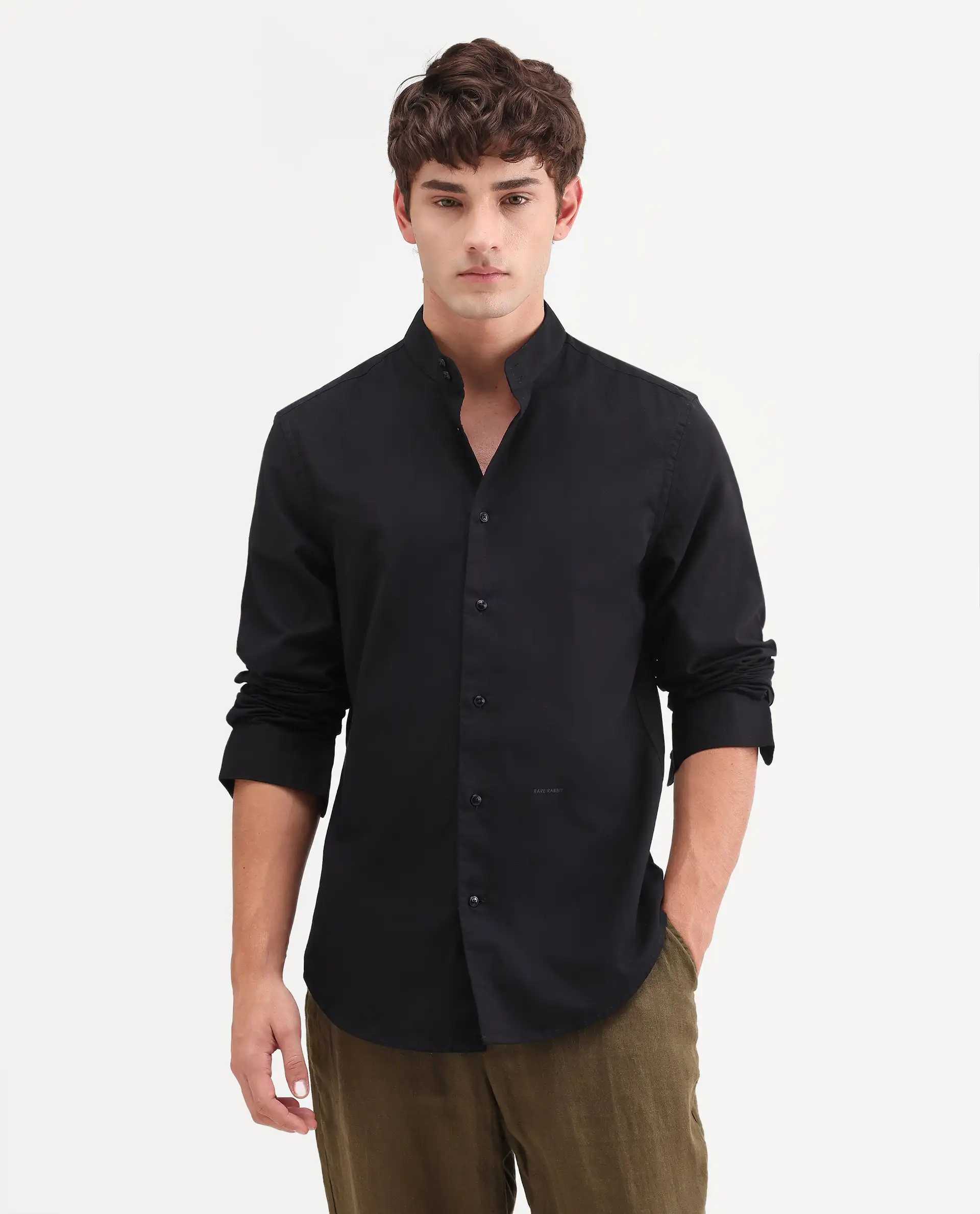 Rare Rabbit Men's Cadex Black Cotton Fabric Full Sleeve Mandarin Collar Regular Fit Plain Shirt - Image 4