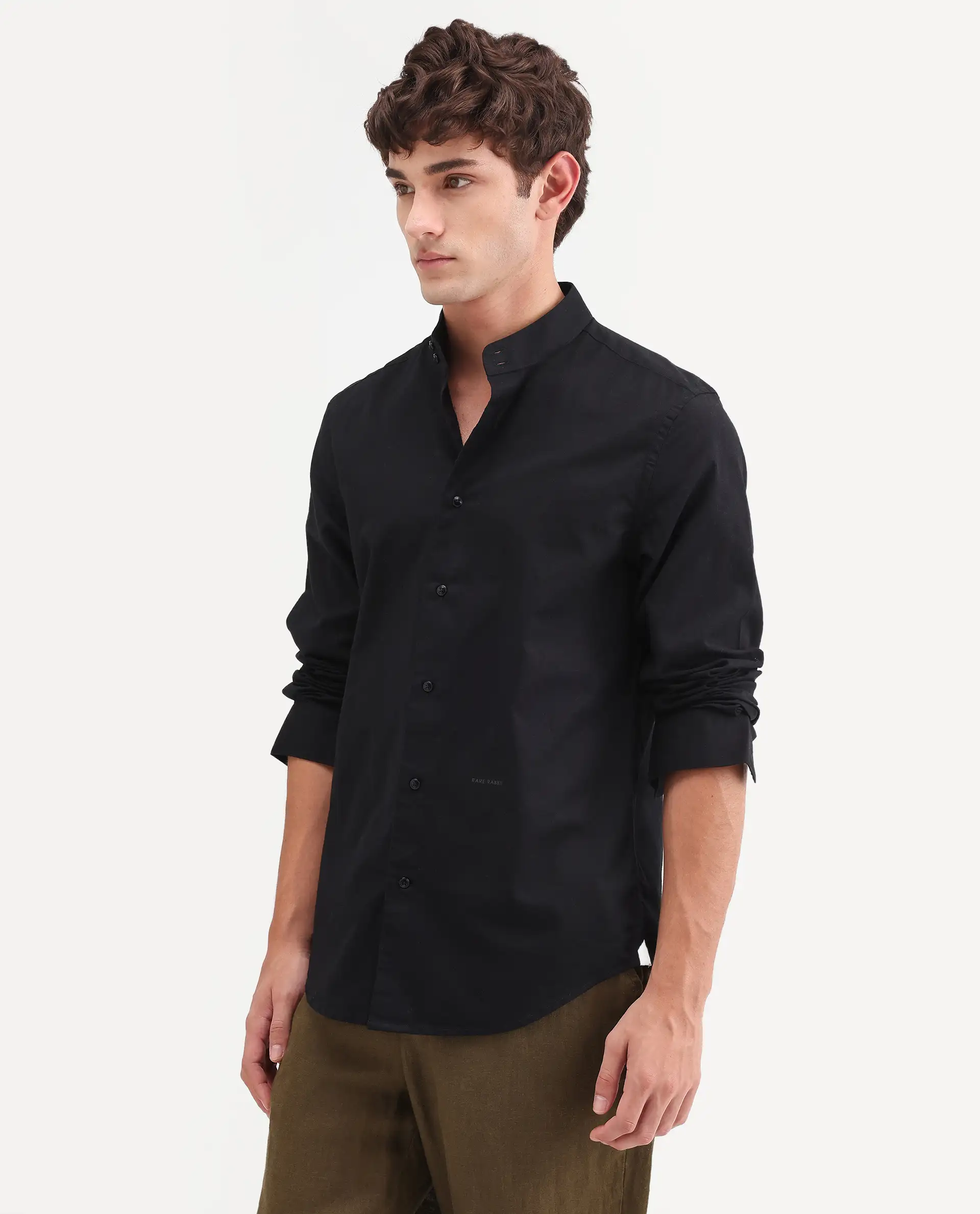 Rare Rabbit Men's Cadex Black Cotton Fabric Full Sleeve Mandarin Collar Regular Fit Plain Shirt - Image 5
